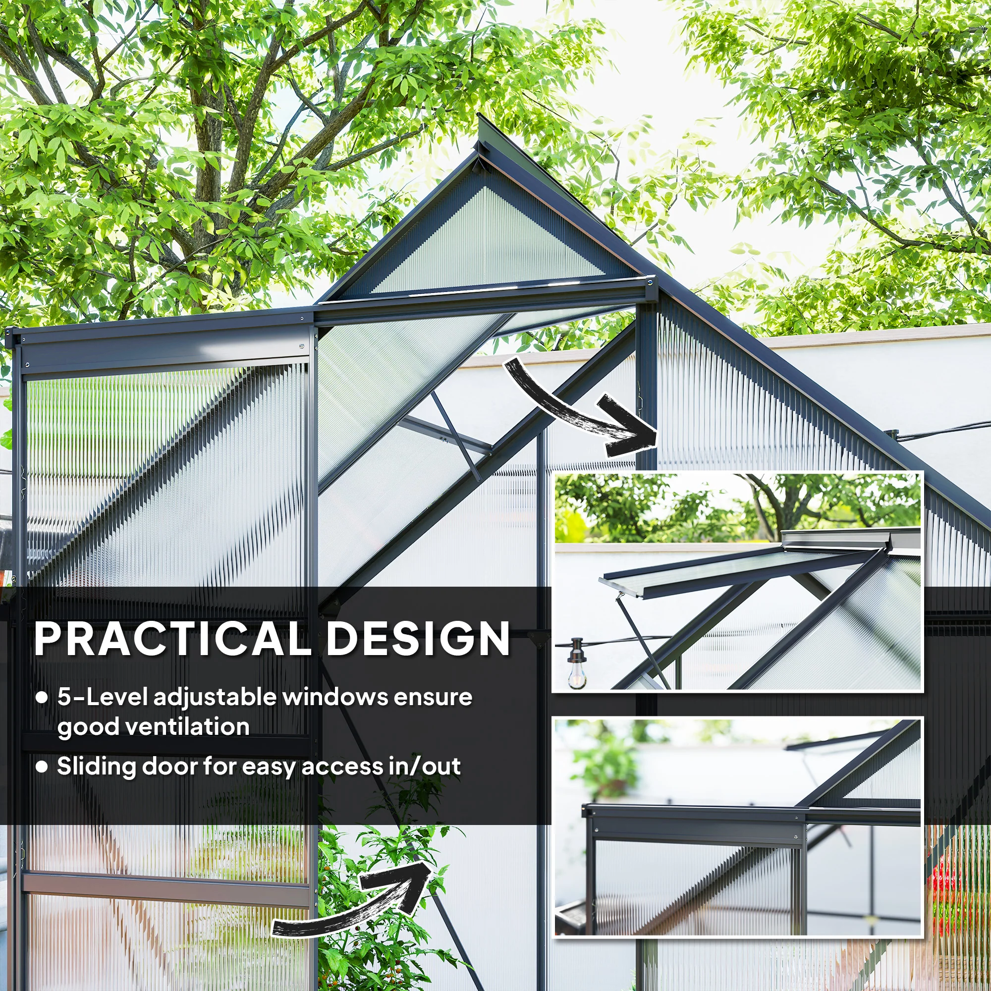 Outsunny Polycarbonate Walk-in Garden Greenhouse W/ Sliding Door - Image 4