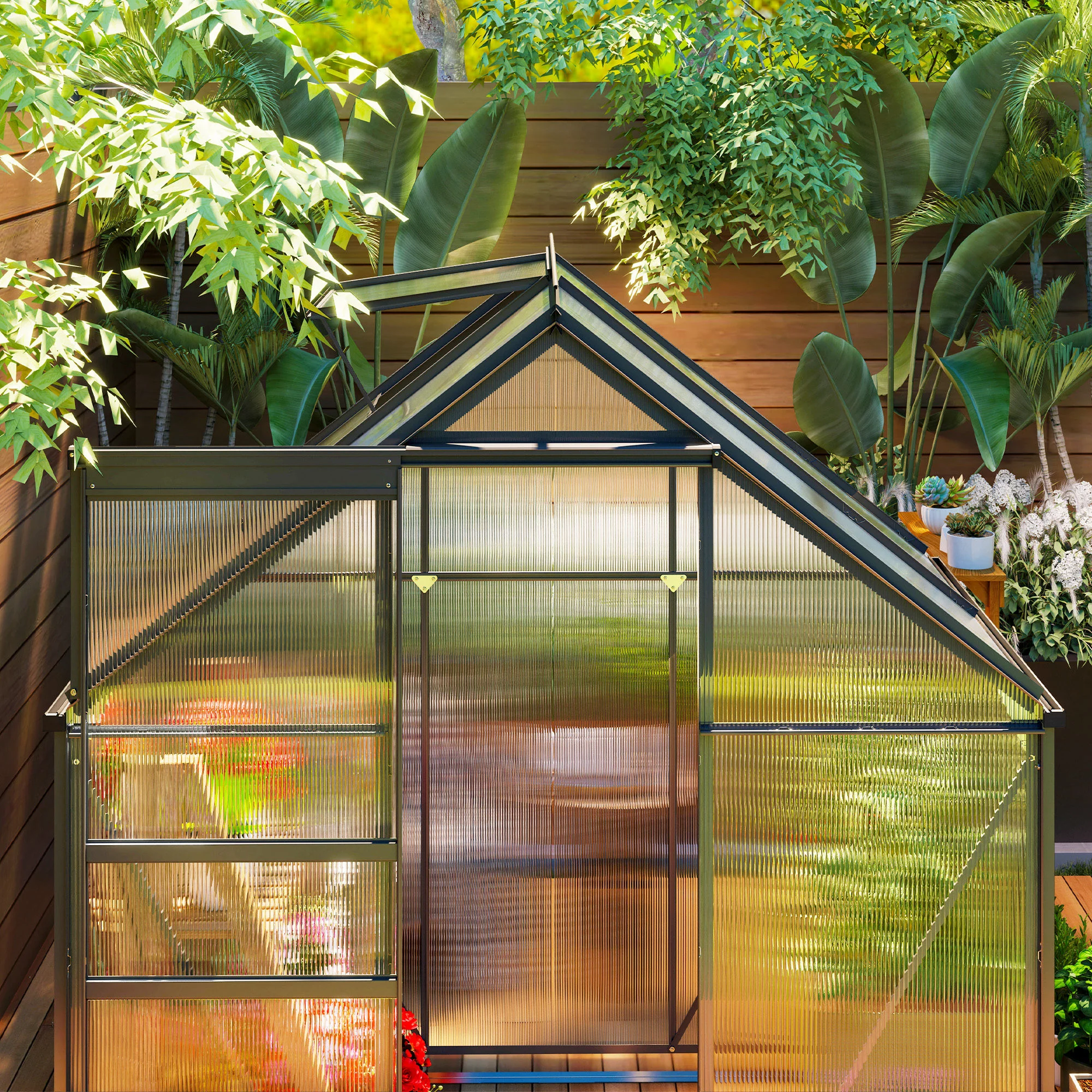 Outsunny Polycarbonate Walk-in Garden Greenhouse W/ Sliding Door - Image 8