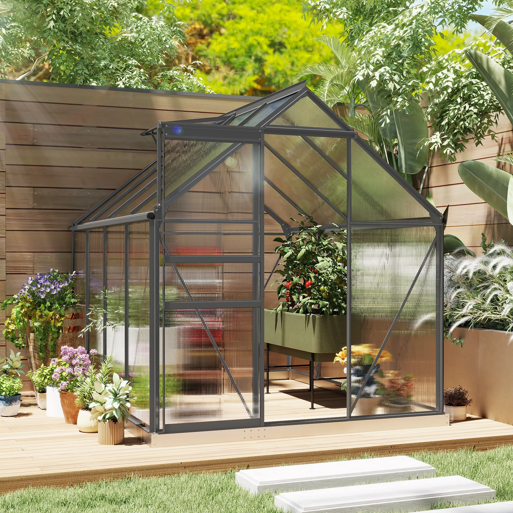 Outsunny Polycarbonate Walk-in Garden Greenhouse W/ Sliding Door Dark Grey - Image 2