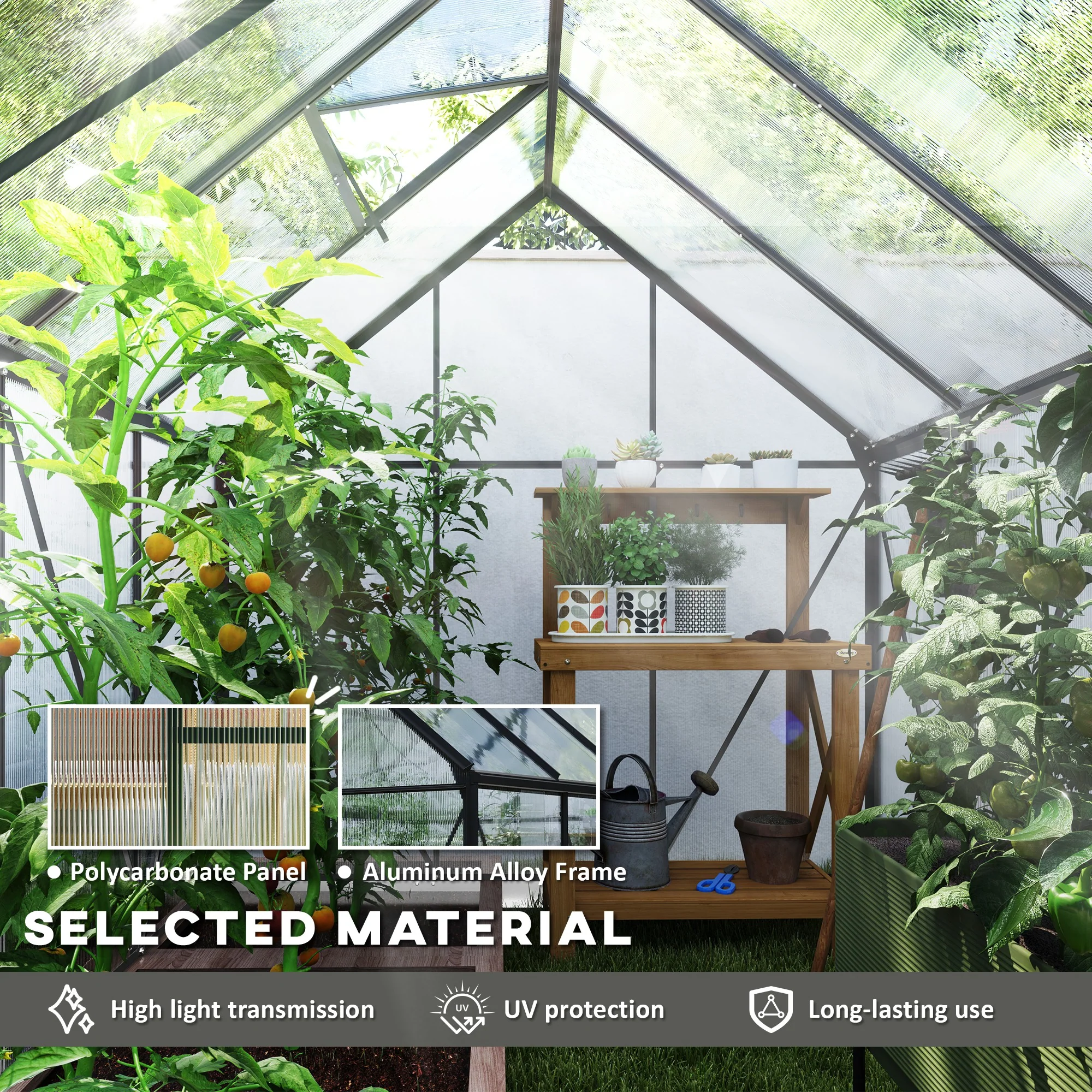 Outsunny Polycarbonate Walk-in Garden Greenhouse W/ Sliding Door Dark Grey - Image 3