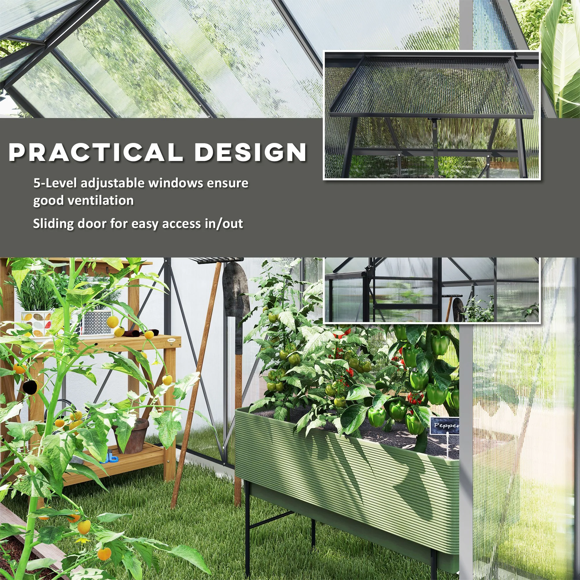 Outsunny Polycarbonate Walk-in Garden Greenhouse W/ Sliding Door Dark Grey - Image 4