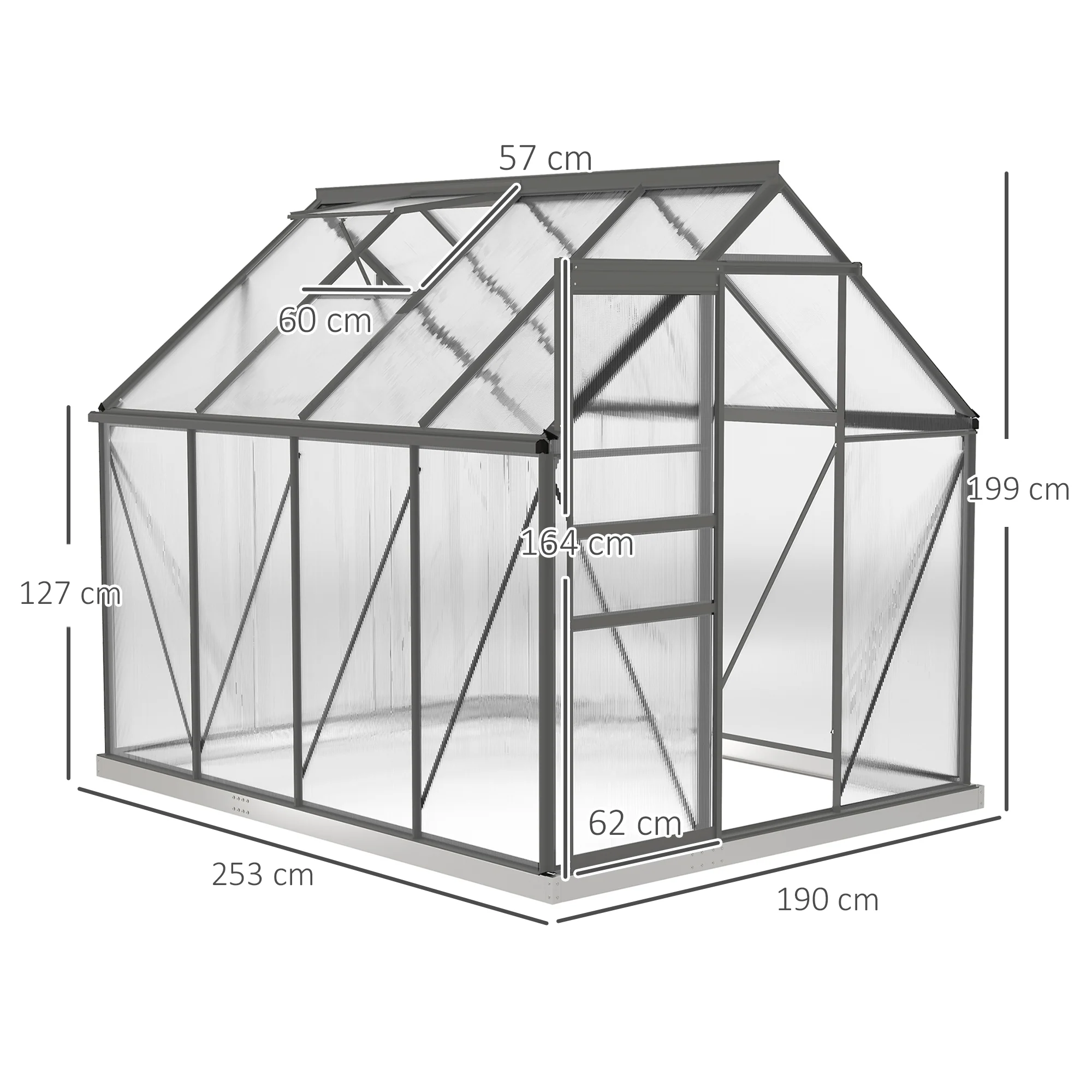 Outsunny Polycarbonate Walk-in Garden Greenhouse W/ Sliding Door Dark Grey - Image 5