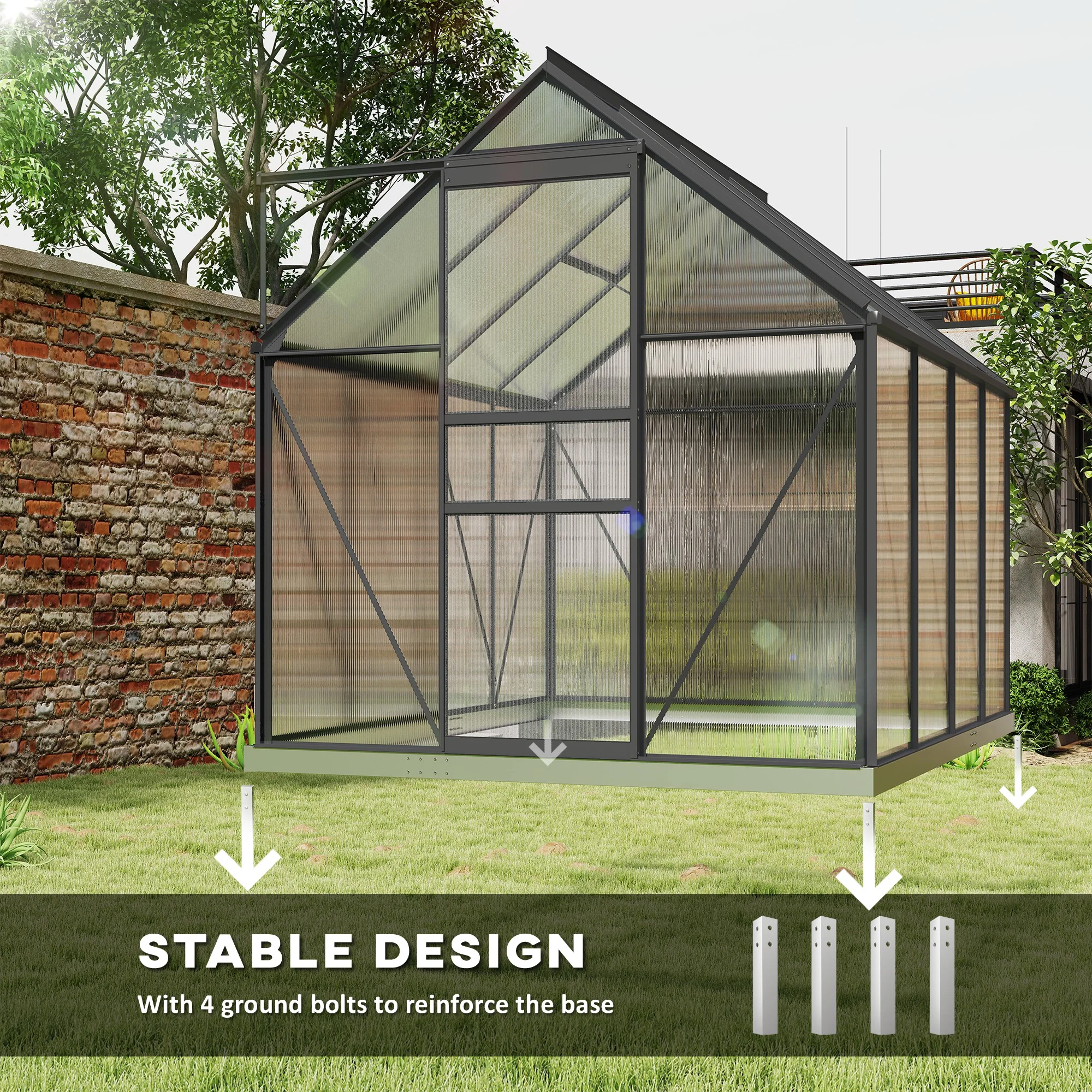 Outsunny Polycarbonate Walk-in Garden Greenhouse W/ Sliding Door Dark Grey - Image 6