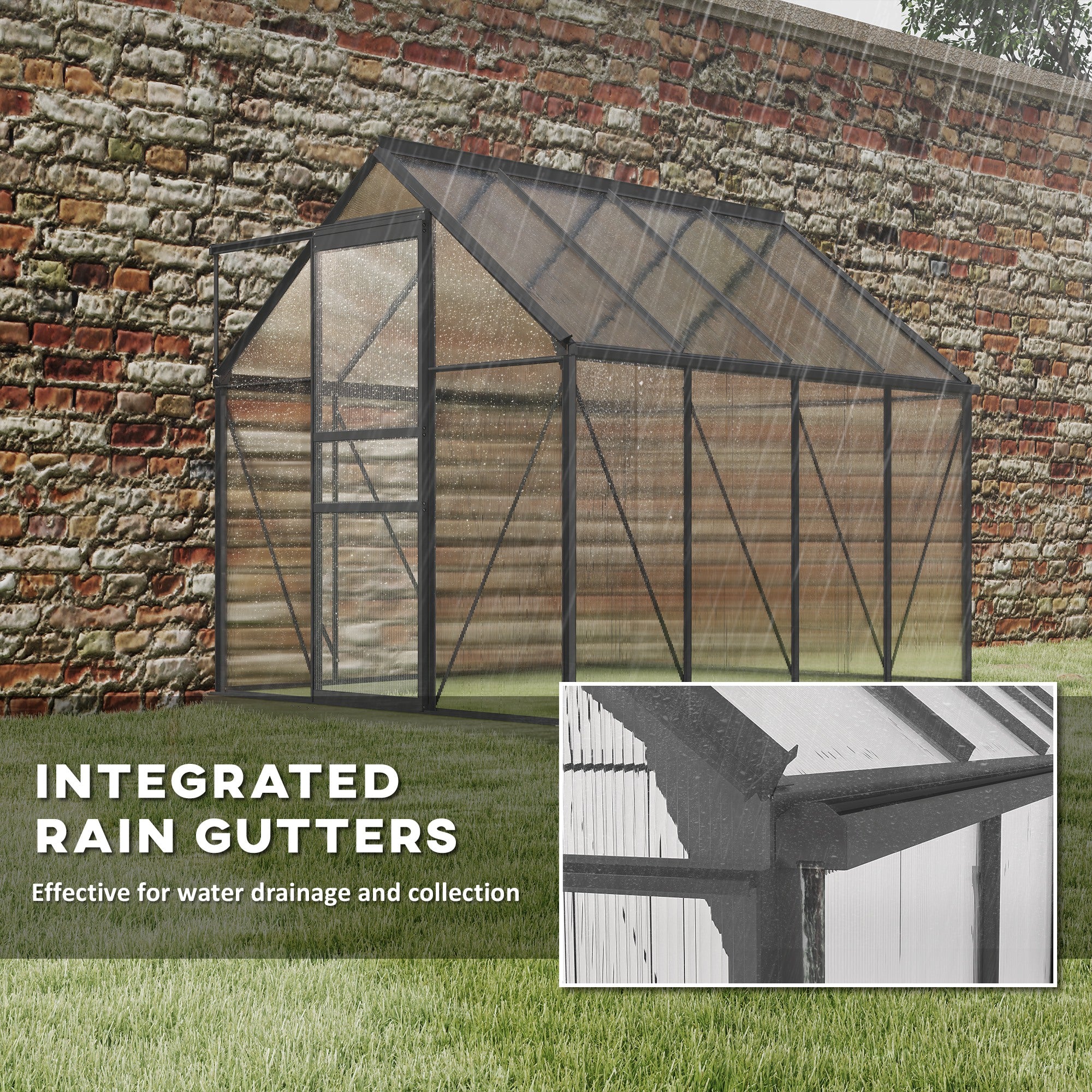 Outsunny Polycarbonate Walk-in Garden Greenhouse W/ Sliding Door Dark Grey - Image 7