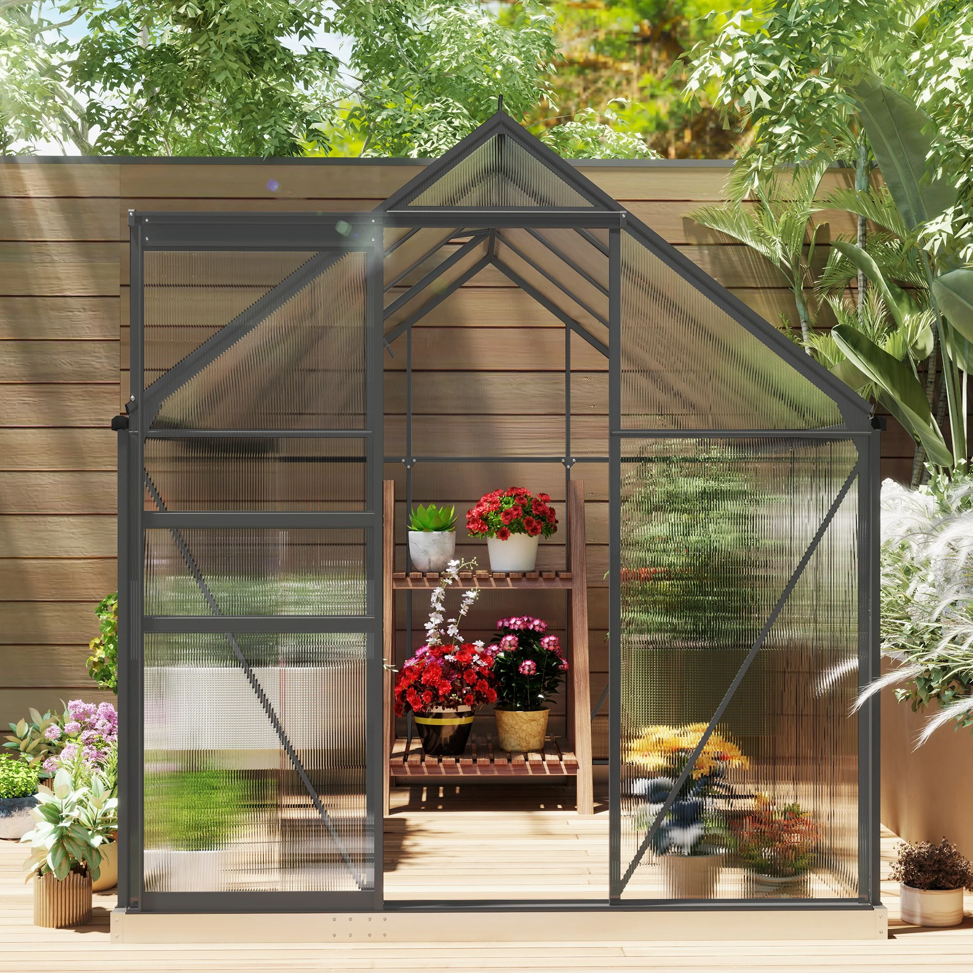 Outsunny Polycarbonate Walk-in Garden Greenhouse W/ Sliding Door Dark Grey - Image 8
