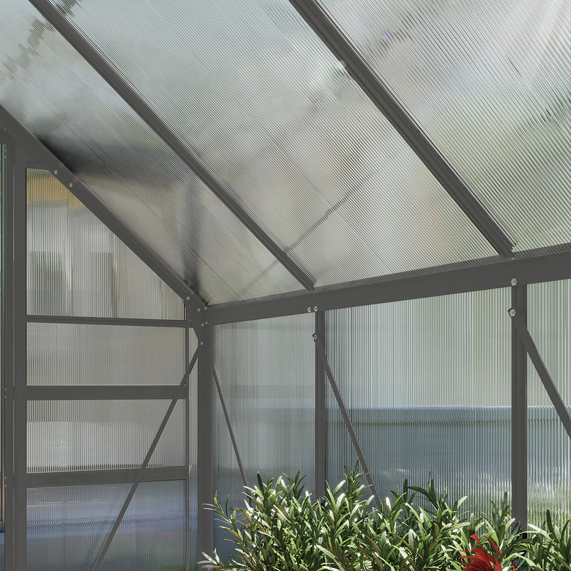 Outsunny Polycarbonate Walk-in Garden Greenhouse W/ Sliding Door Dark Grey - Image 9