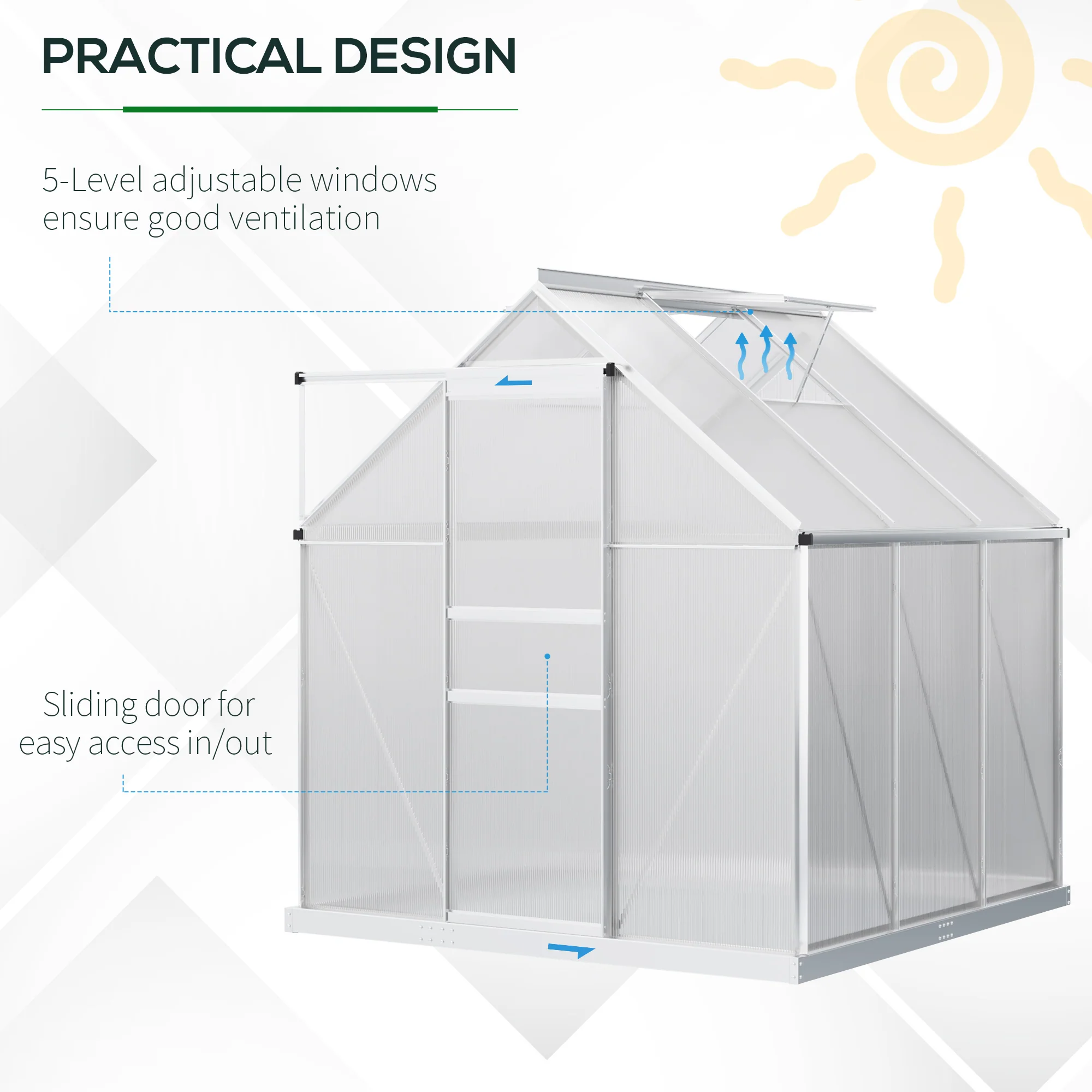 Outsunny Polycarbonate Walk-in Garden Greenhouse w/ Sliding Door Silver Tone - Image 4