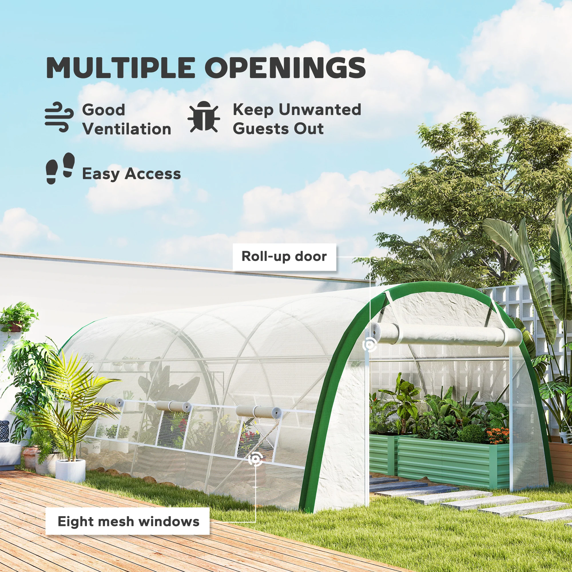 Outsunny Polytunnel Greenhouse Tunnel Warm House Tent with PE Cover, White - Image 3