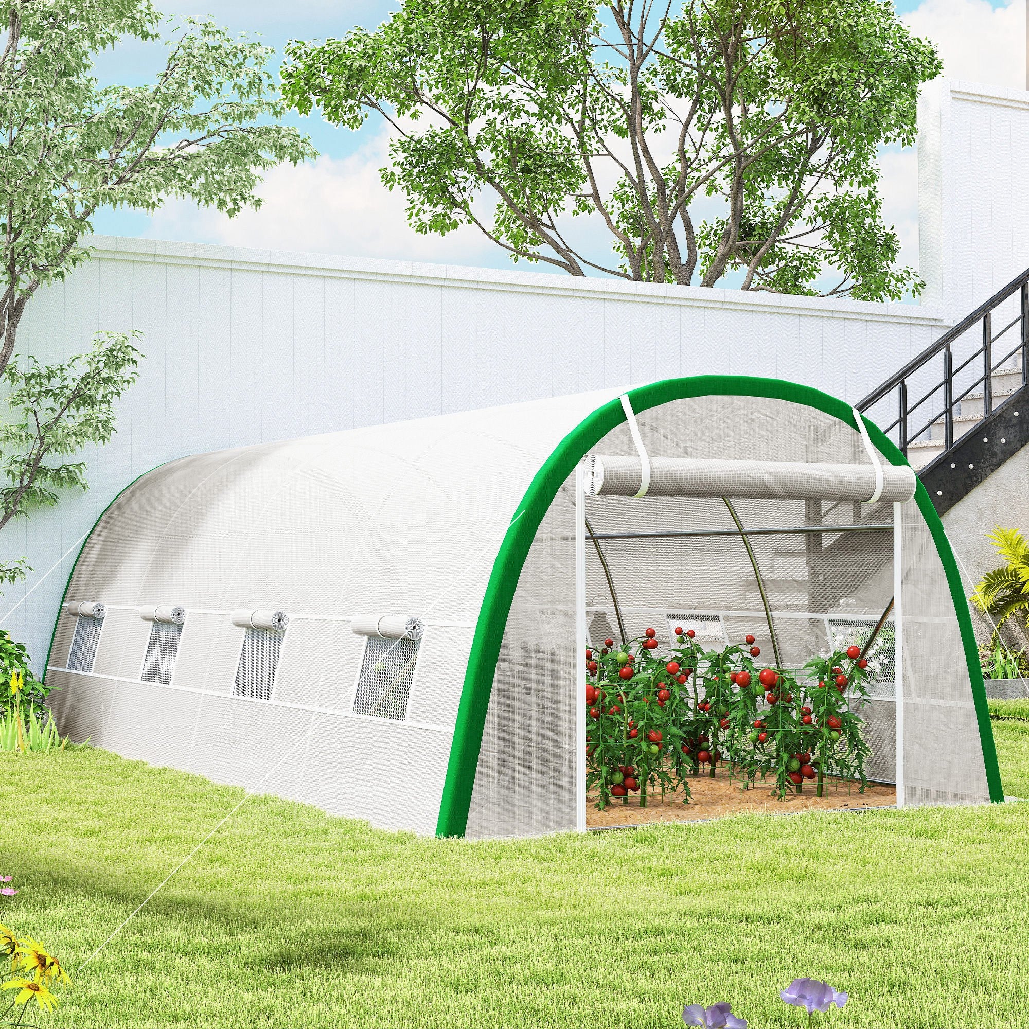 Outsunny Polytunnel Greenhouse Tunnel Warm House Tent with PE Cover, White - Image 9