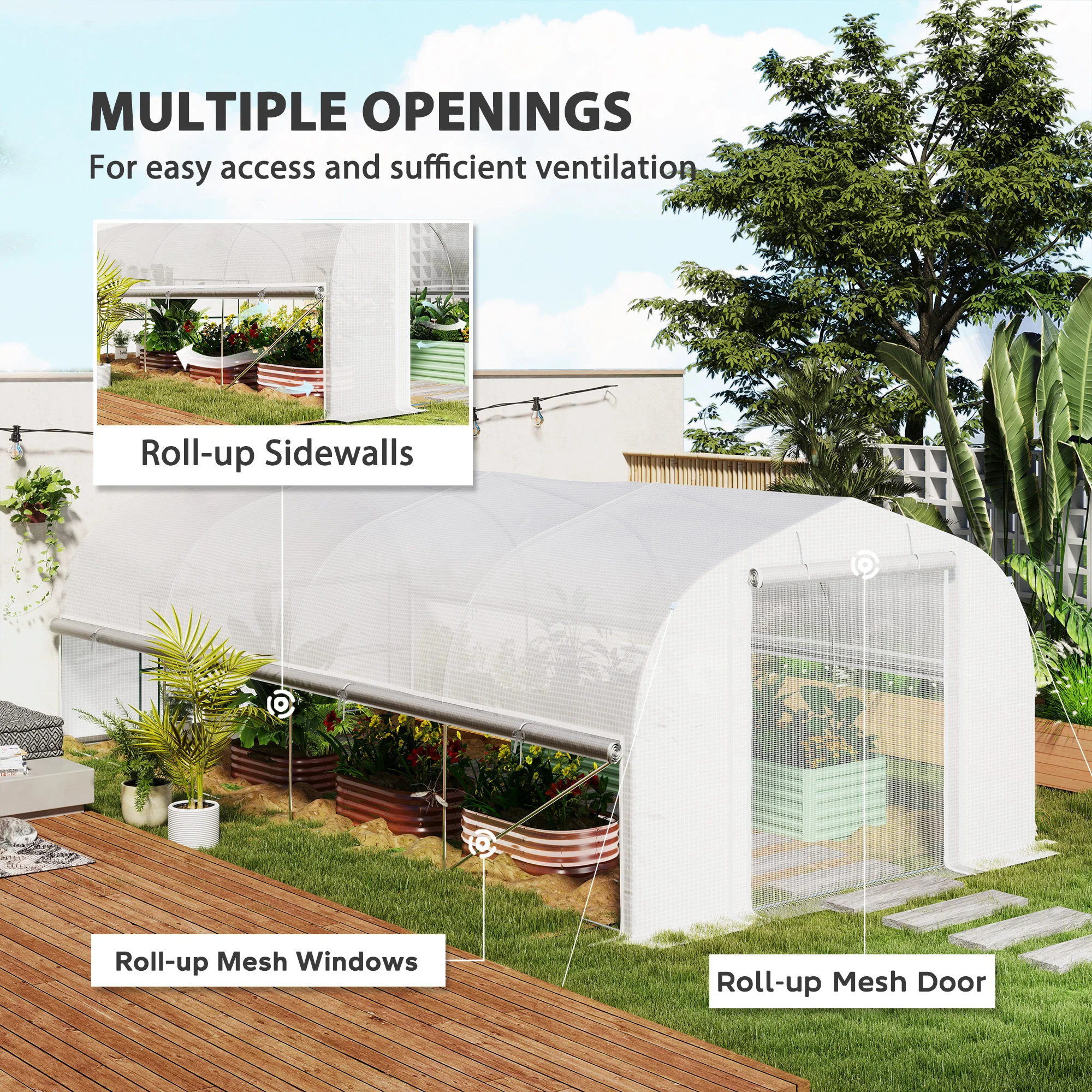 Outsunny Polytunnel Greenhouse W/ Roll-up Sidewalls, Mesh Door, 6 x 3 x 2m - Image 3
