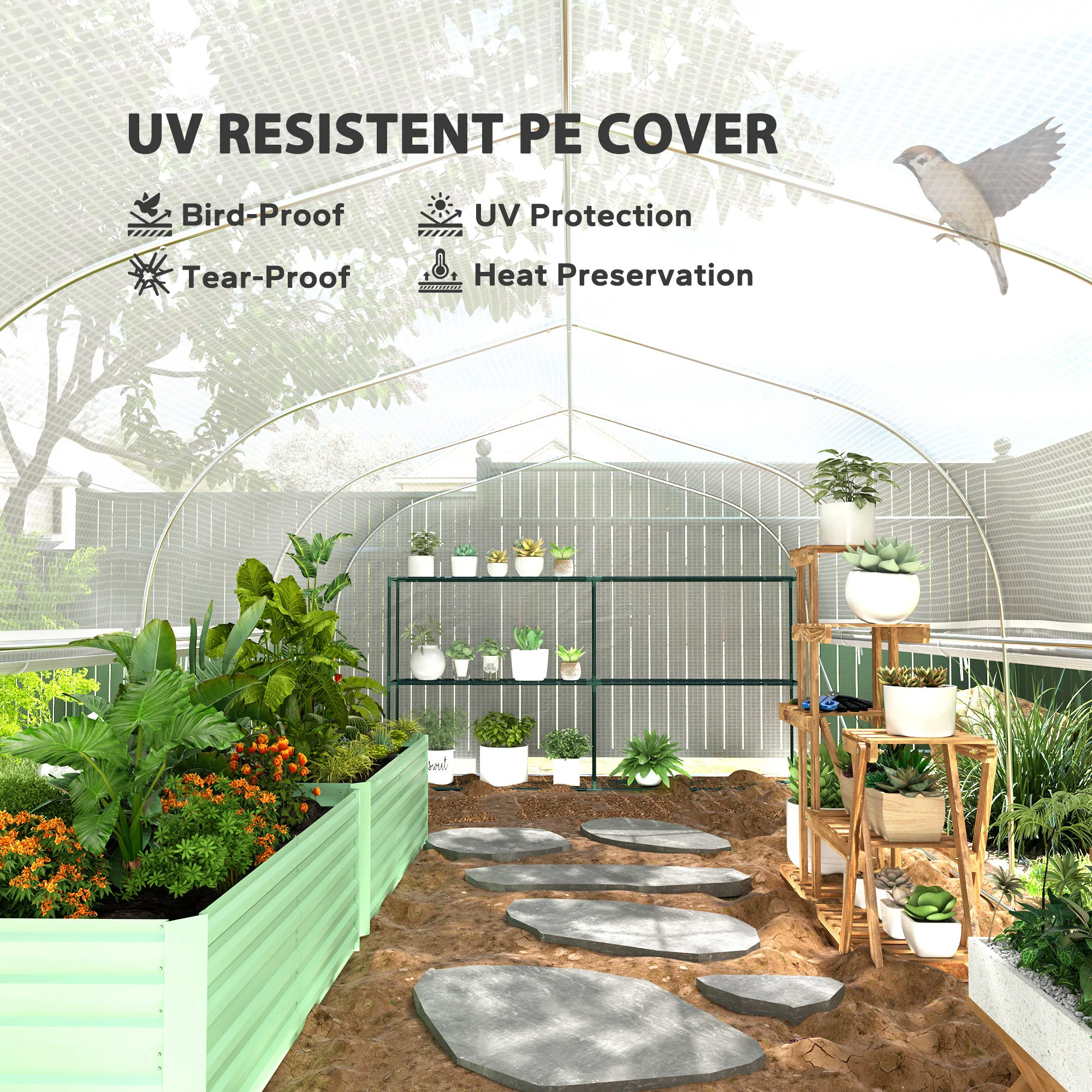 Outsunny Polytunnel Greenhouse W/ Roll-up Sidewalls, Mesh Door, 6 x 3 x 2m - Image 4