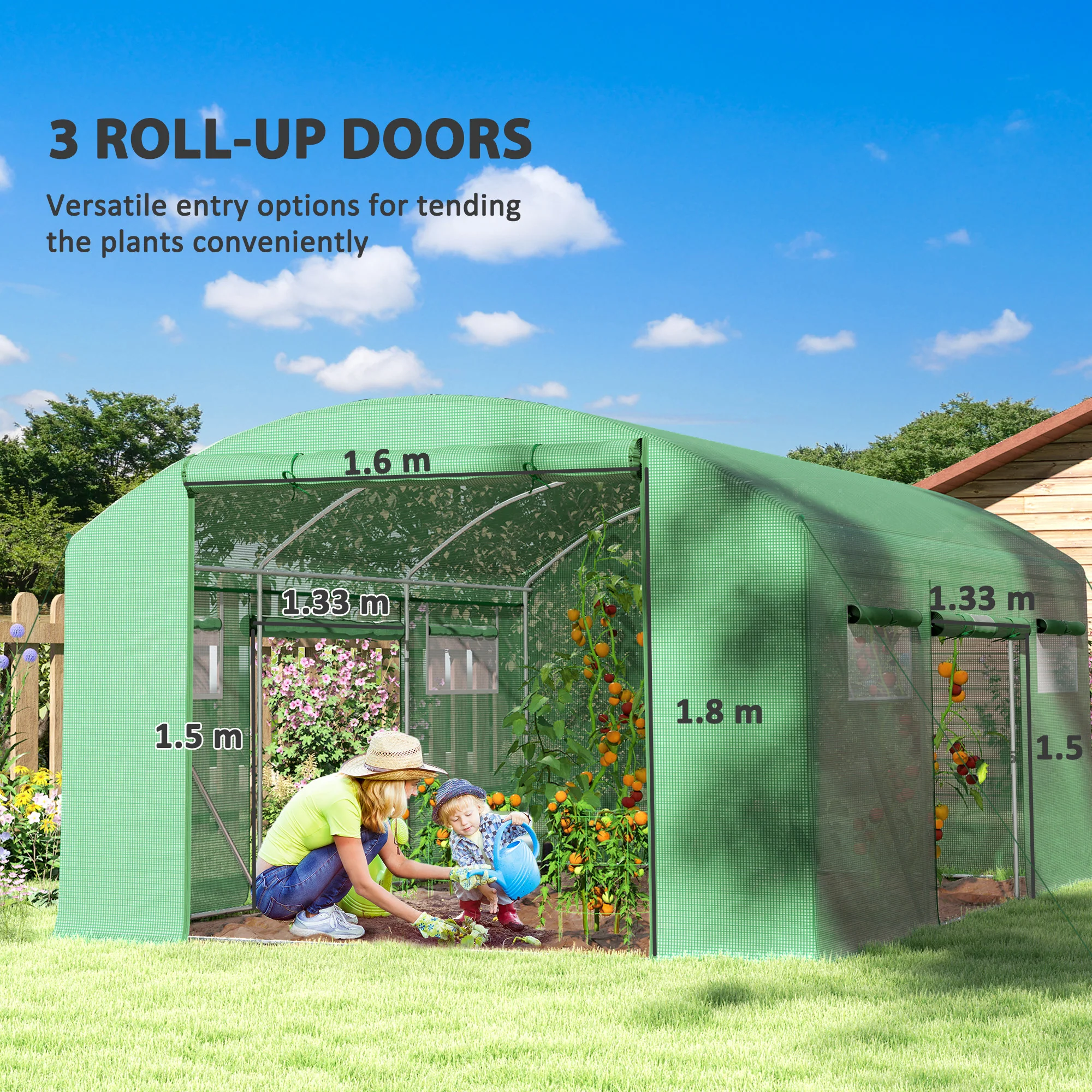 Outsunny Polytunnel Greenhouse with 3 Roll-up Doors, Green - Image 12