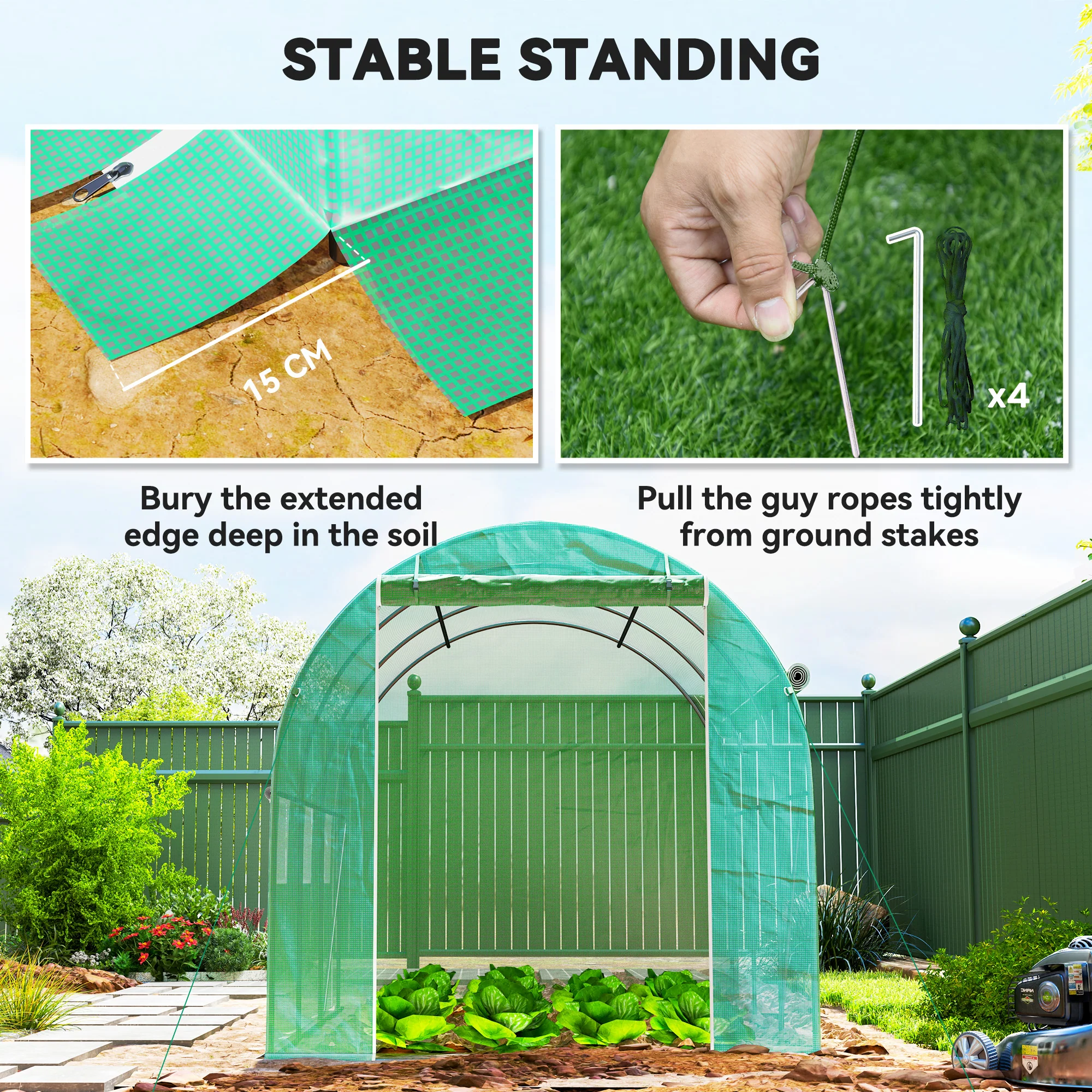 Outsunny Polytunnel Greenhouse With PE Cover, Galvanised Steel Frame, Green - Image 7