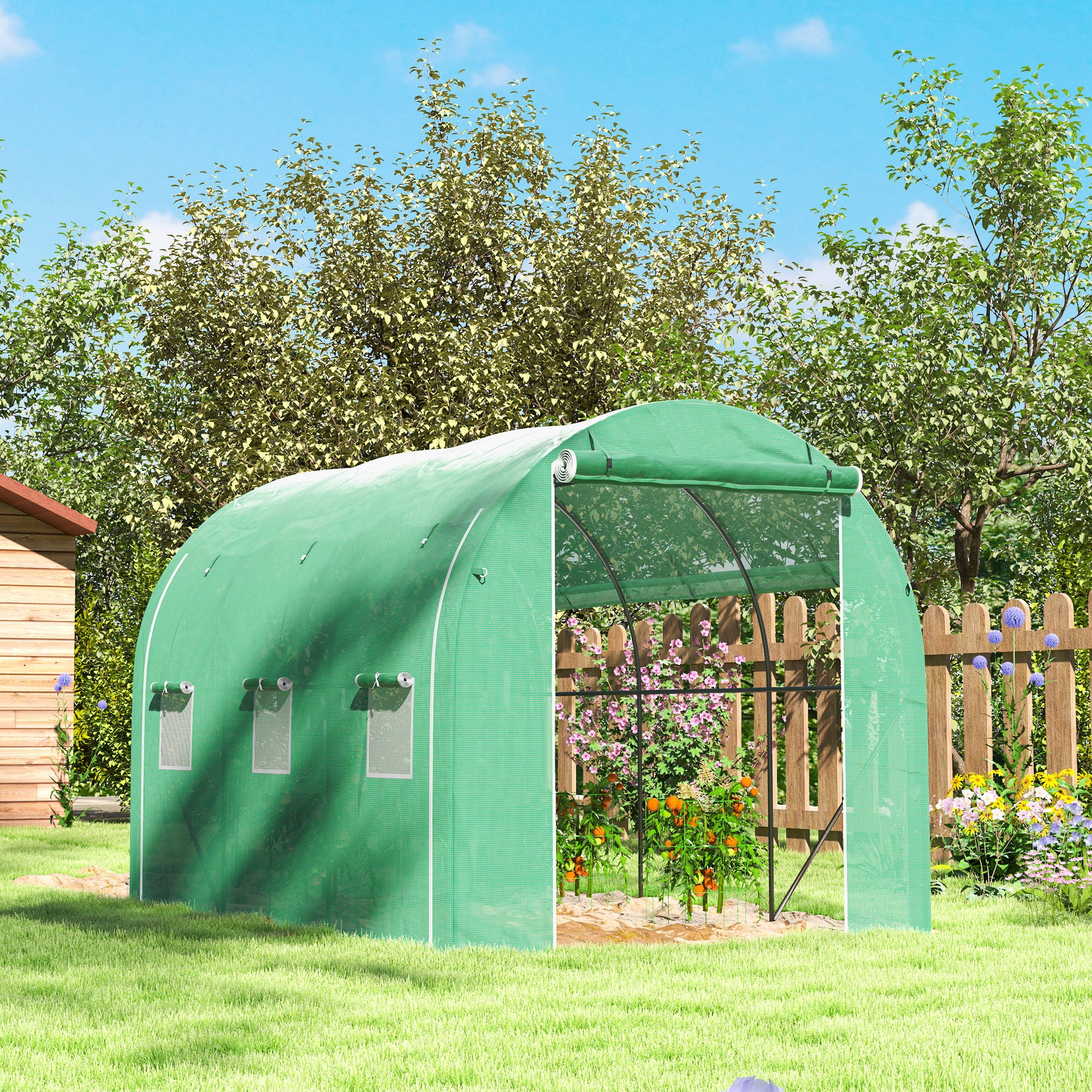 Outsunny Polytunnel Greenhouse With PE Cover, Galvanised Steel Frame, Green - Image 9