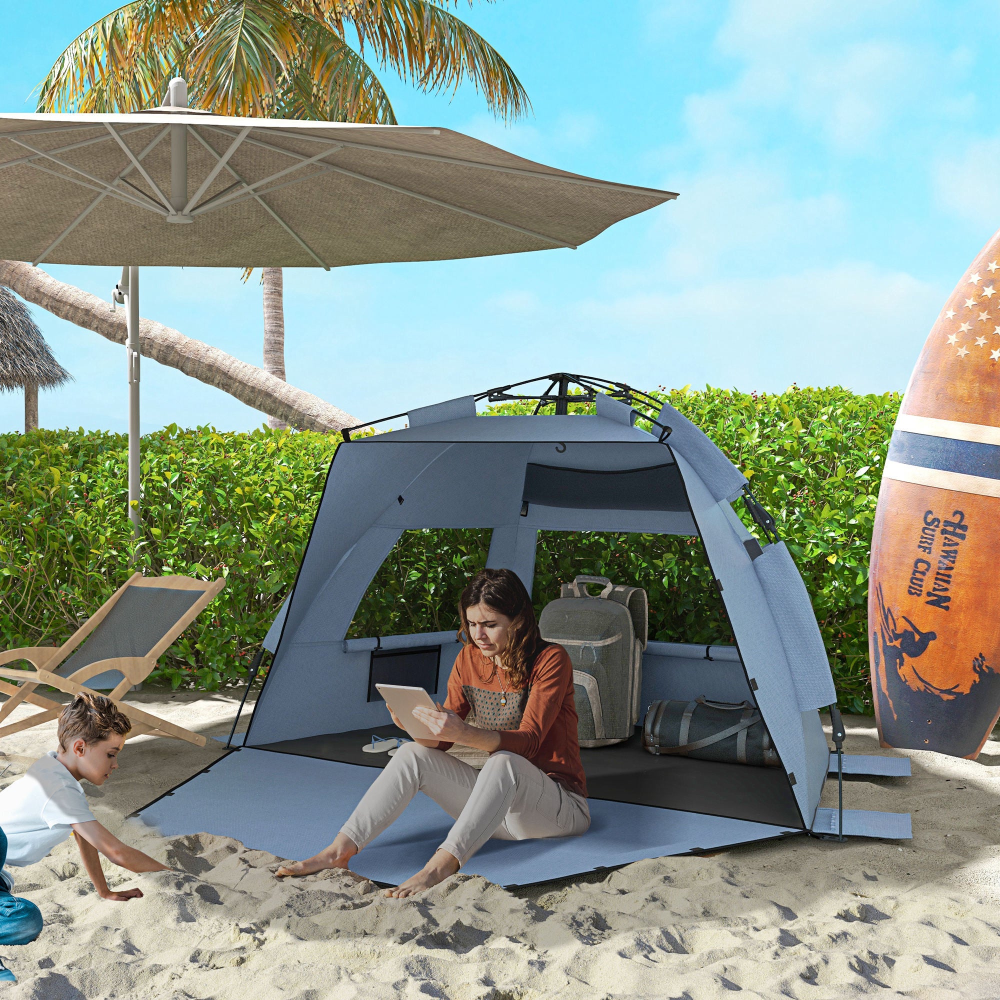 Outsunny Pop Up Beach Tent for 2-3 Person with Carry Bag, UPF15+, Light Blue - Image 2