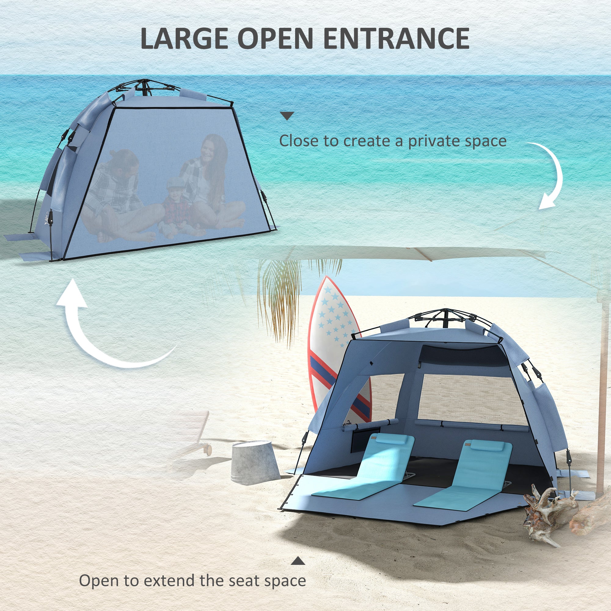 Outsunny Pop Up Beach Tent for 2-3 Person with Carry Bag, UPF15+, Light Blue - Image 4