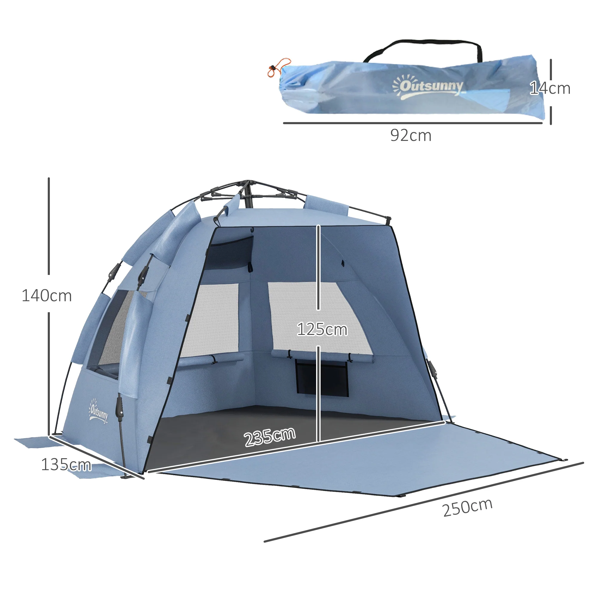 Outsunny Pop Up Beach Tent for 2-3 Person with Carry Bag, UPF15+, Light Blue - Image 5