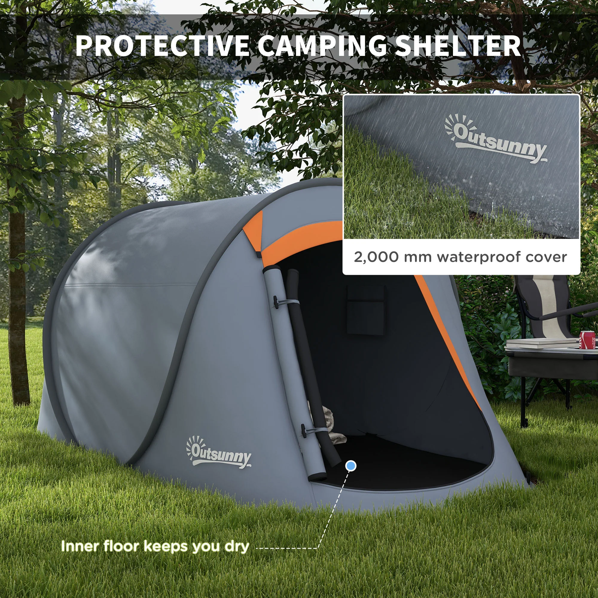 Outsunny Pop up Camping Tent for 2 Man, 2000mm Waterproof with Carry Bag - Image 4