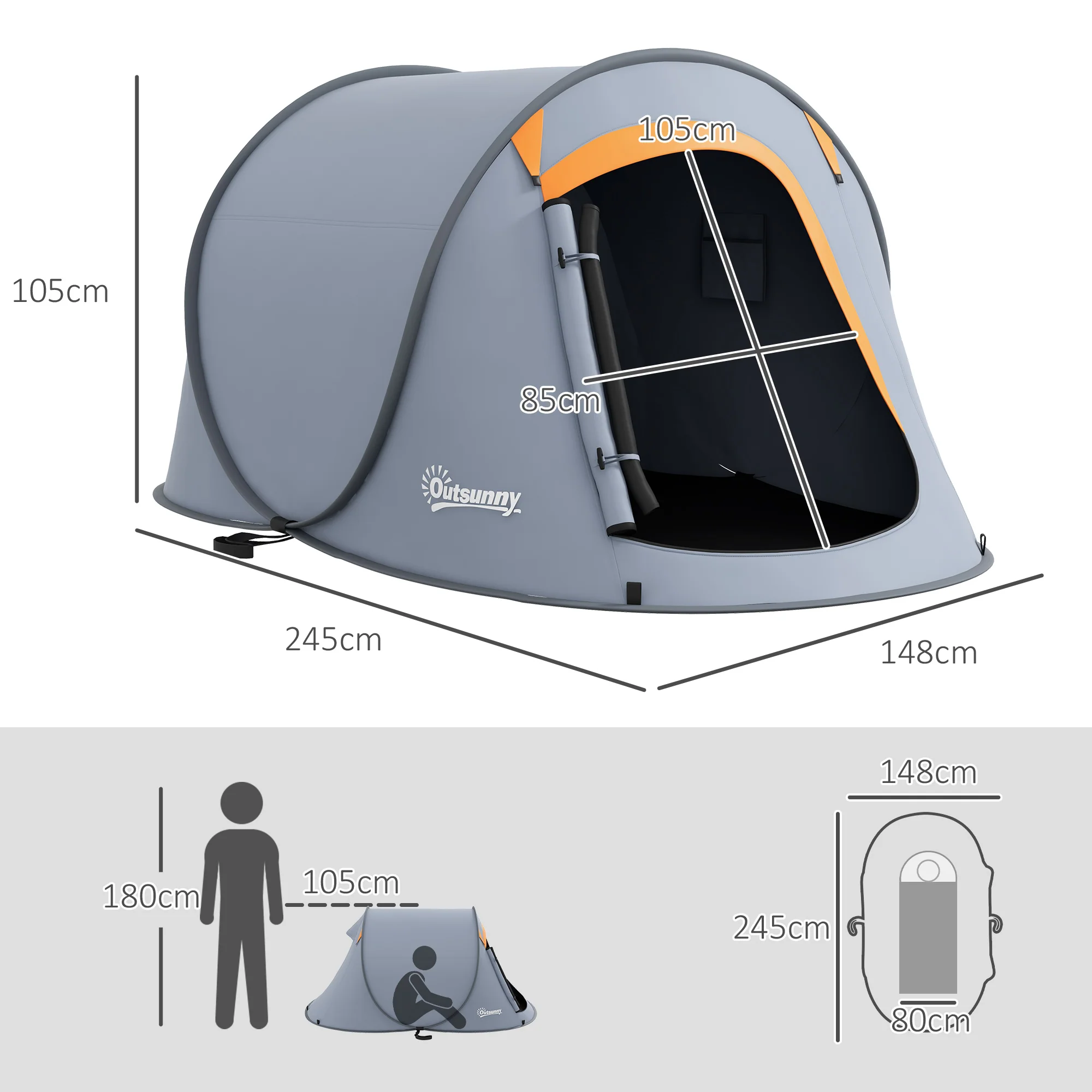Outsunny Pop up Camping Tent for 2 Man, 2000mm Waterproof with Carry Bag - Image 5