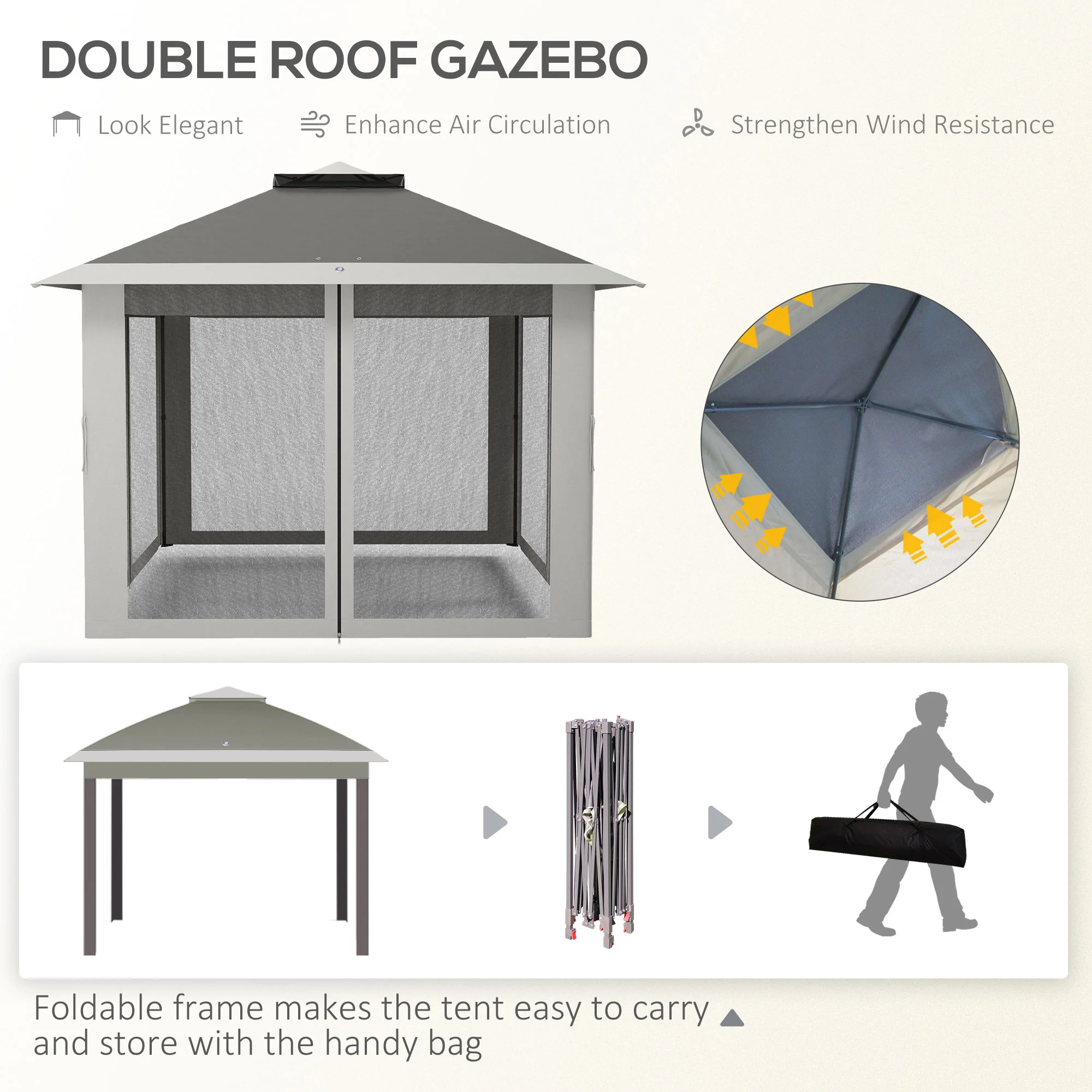 Outsunny Pop Up Gazebo Height Adjustable Canopy Tent w/ Carrying Bag, Dark Grey - Image 3