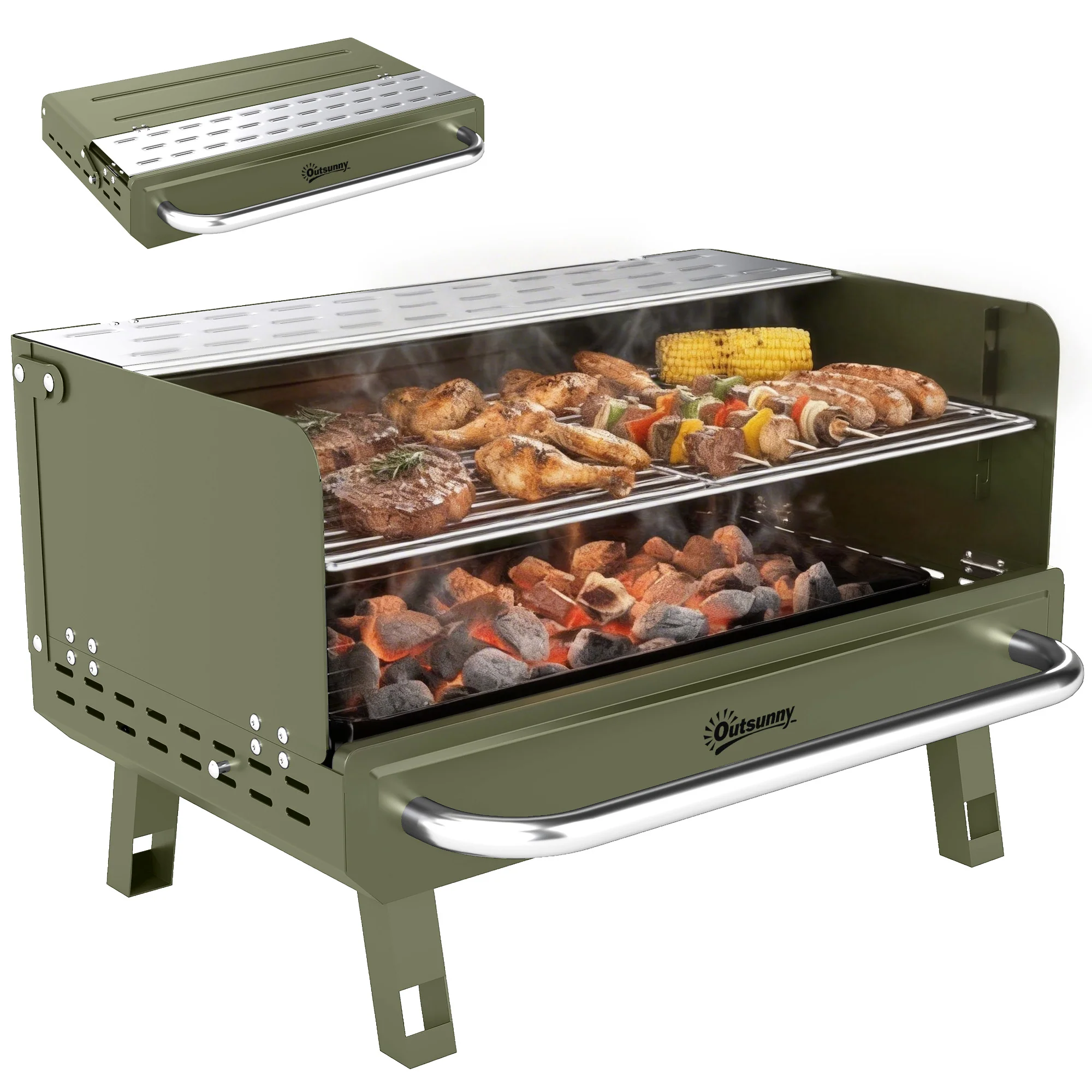 Outsunny Portable Barbecue Grill With Adjustable Grates For Camping, Green