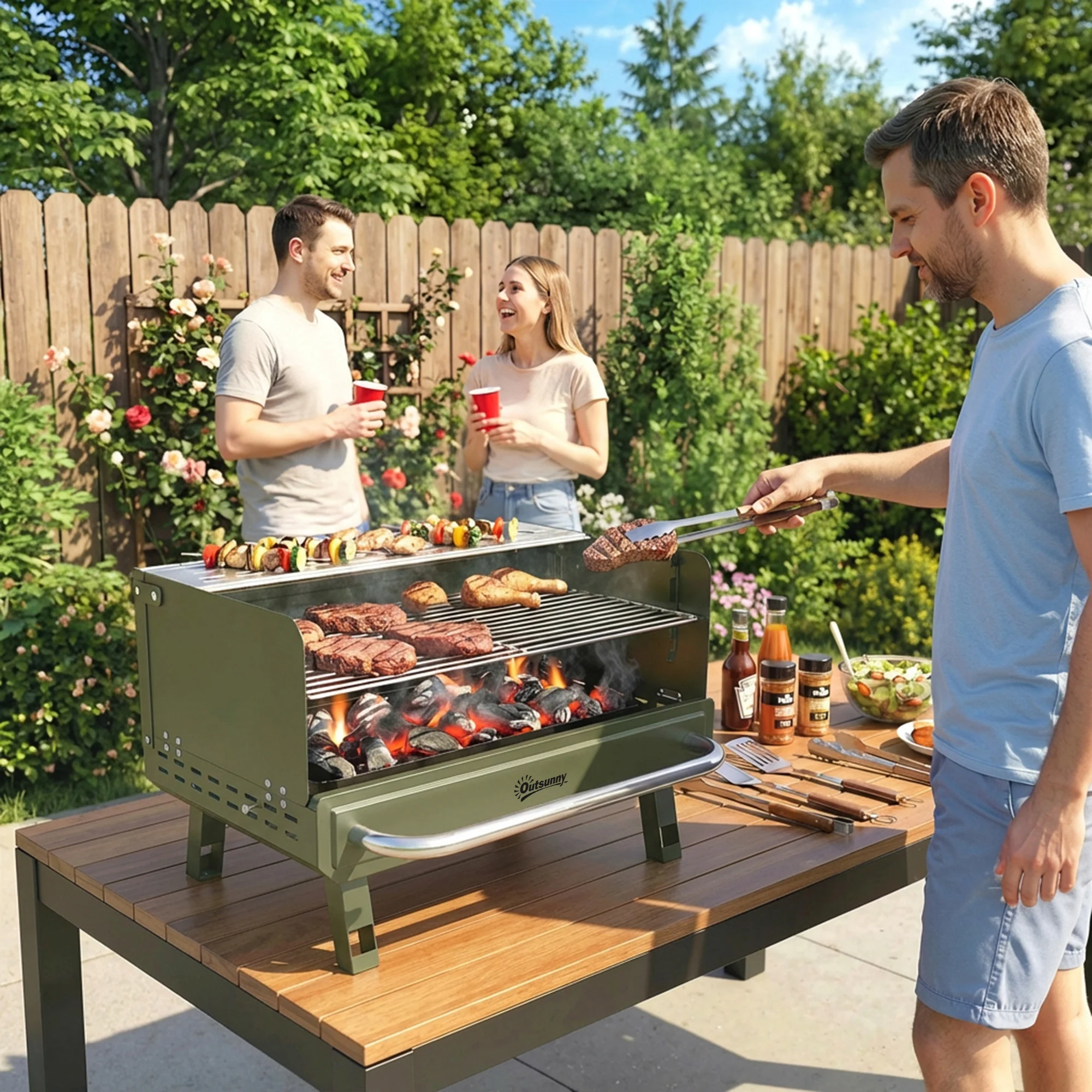 Outsunny Portable Barbecue Grill With Adjustable Grates For Camping, Green - Image 2