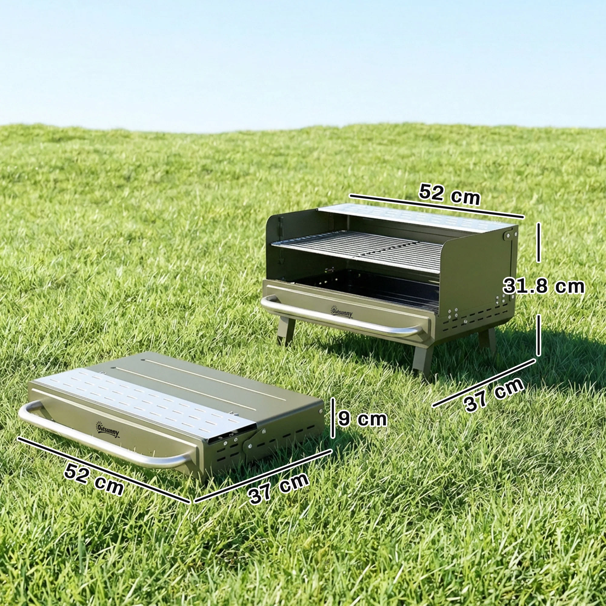 Outsunny Portable Barbecue Grill With Adjustable Grates For Camping, Green - Image 3