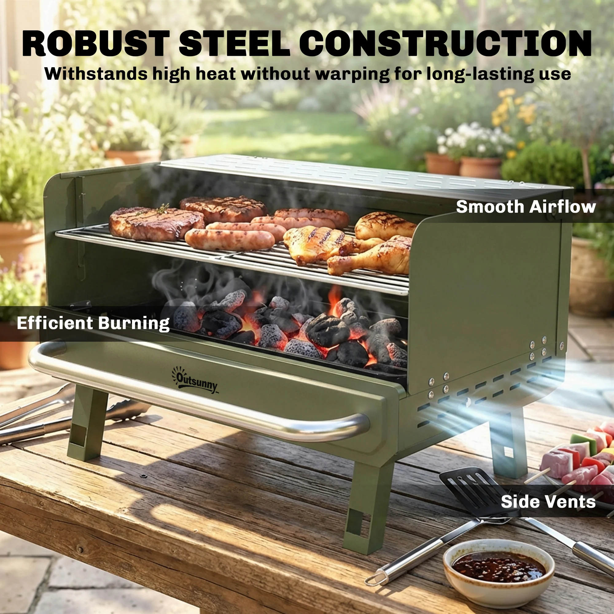 Outsunny Portable Barbecue Grill With Adjustable Grates For Camping, Green - Image 4