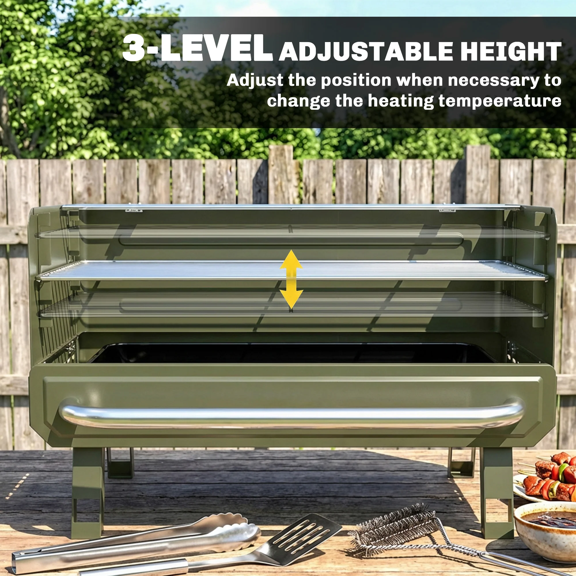 Outsunny Portable Barbecue Grill With Adjustable Grates For Camping, Green - Image 5