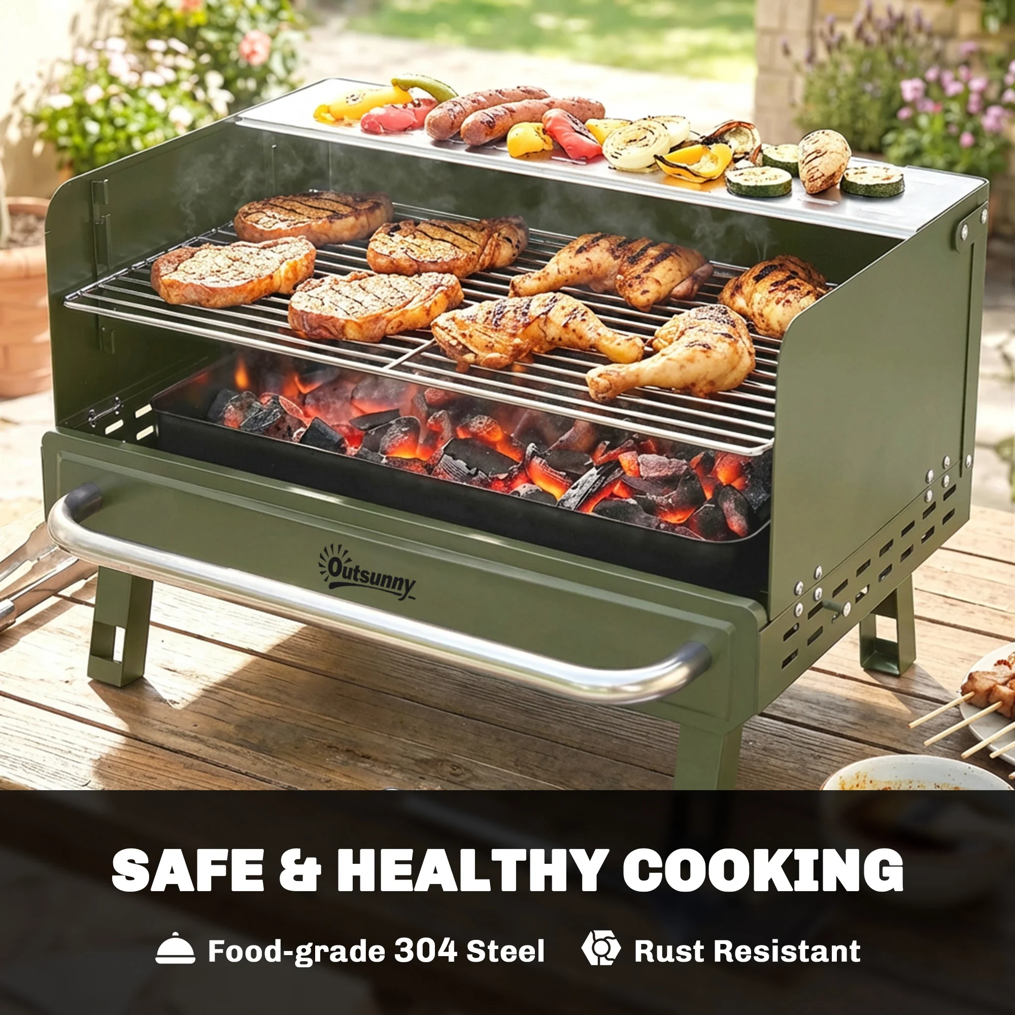 Outsunny Portable Barbecue Grill With Adjustable Grates For Camping, Green - Image 6