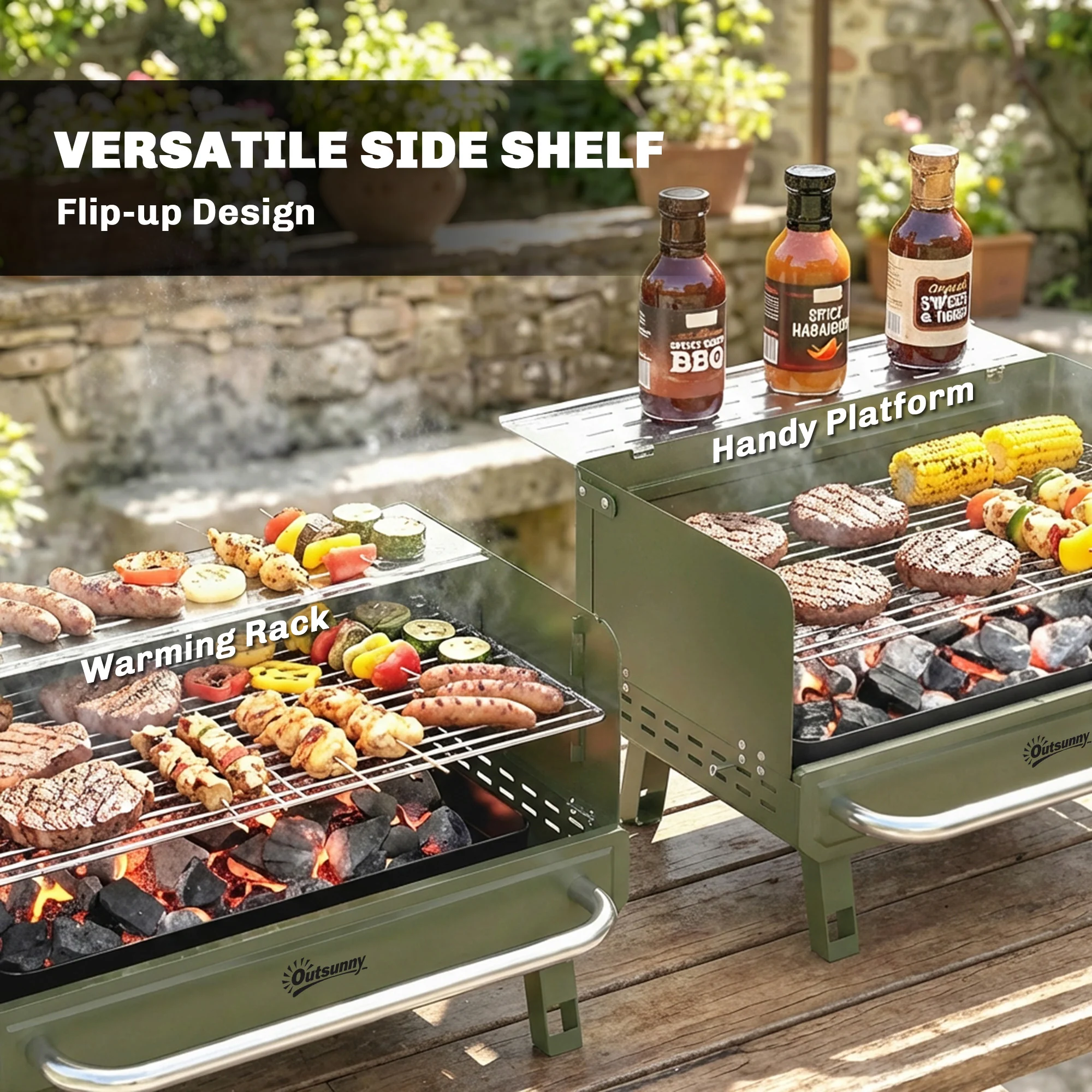 Outsunny Portable Barbecue Grill With Adjustable Grates For Camping, Green - Image 7