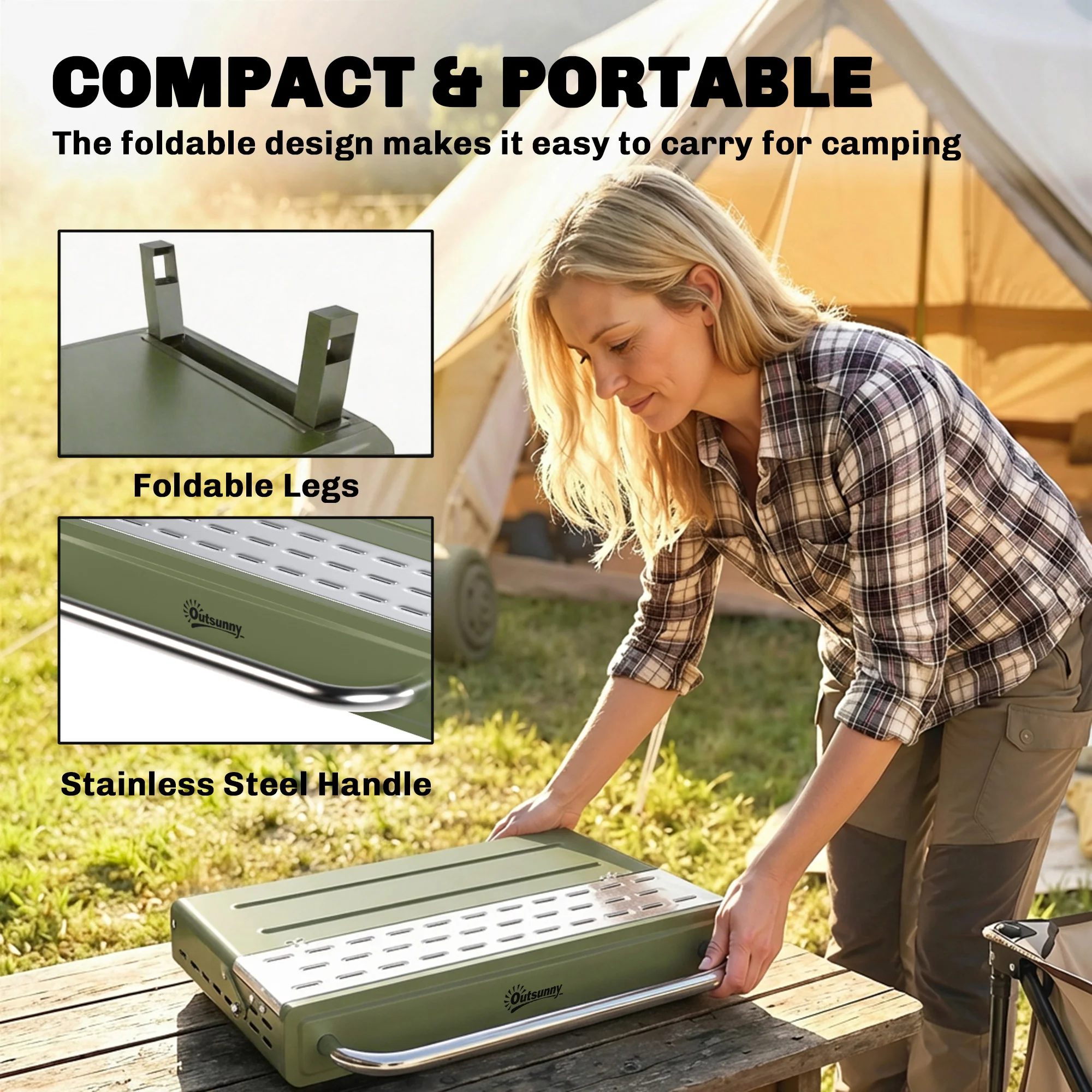 Outsunny Portable Barbecue Grill With Adjustable Grates For Camping, Green - Image 9