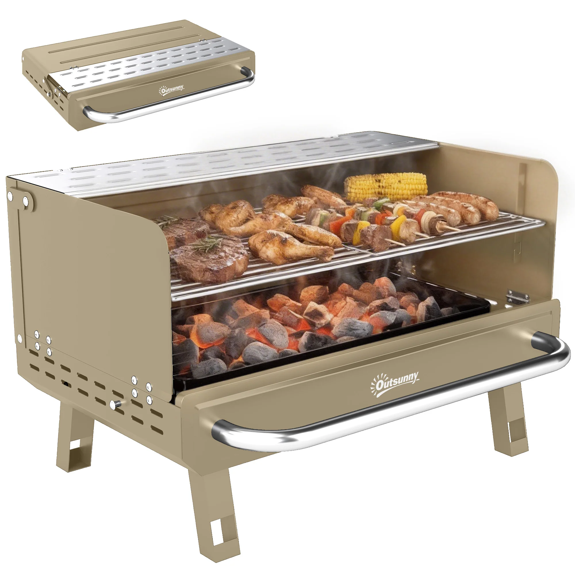 Outsunny Portable Barbecue Grill With Adjustable Grates For Camping, Khaki