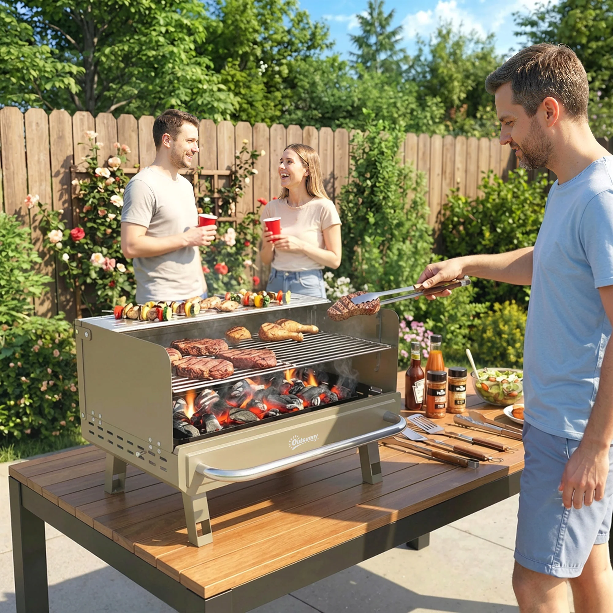 Outsunny Portable Barbecue Grill With Adjustable Grates For Camping, Khaki - Image 2