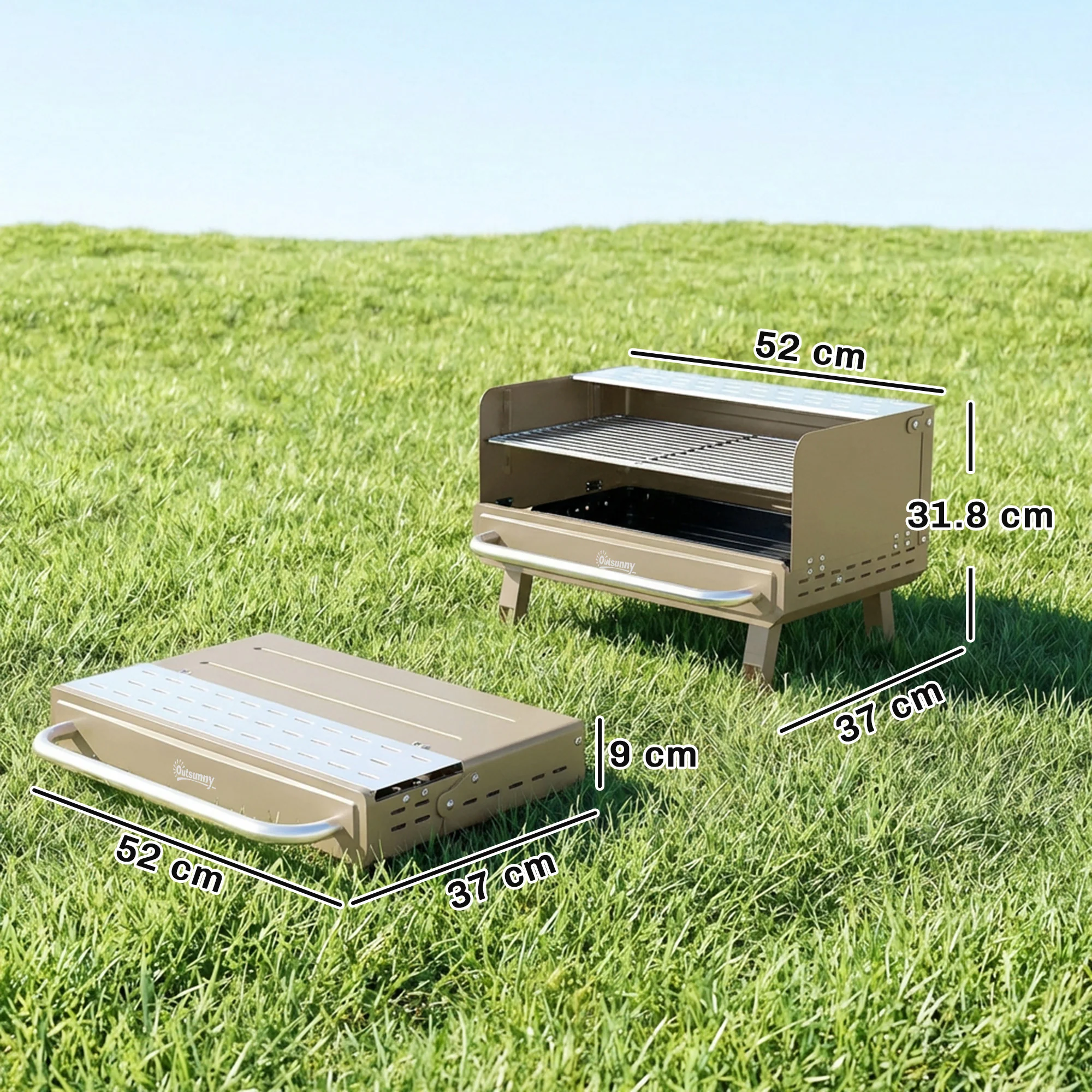 Outsunny Portable Barbecue Grill With Adjustable Grates For Camping, Khaki - Image 3