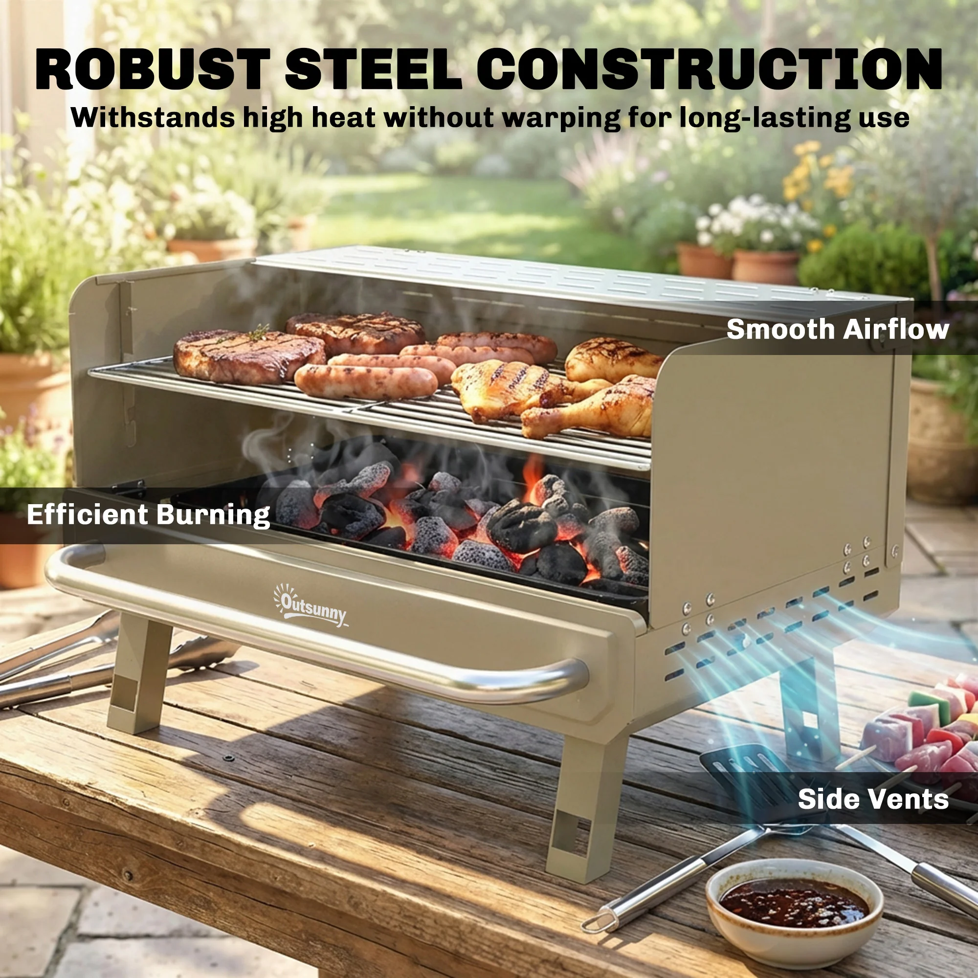 Outsunny Portable Barbecue Grill With Adjustable Grates For Camping, Khaki - Image 4