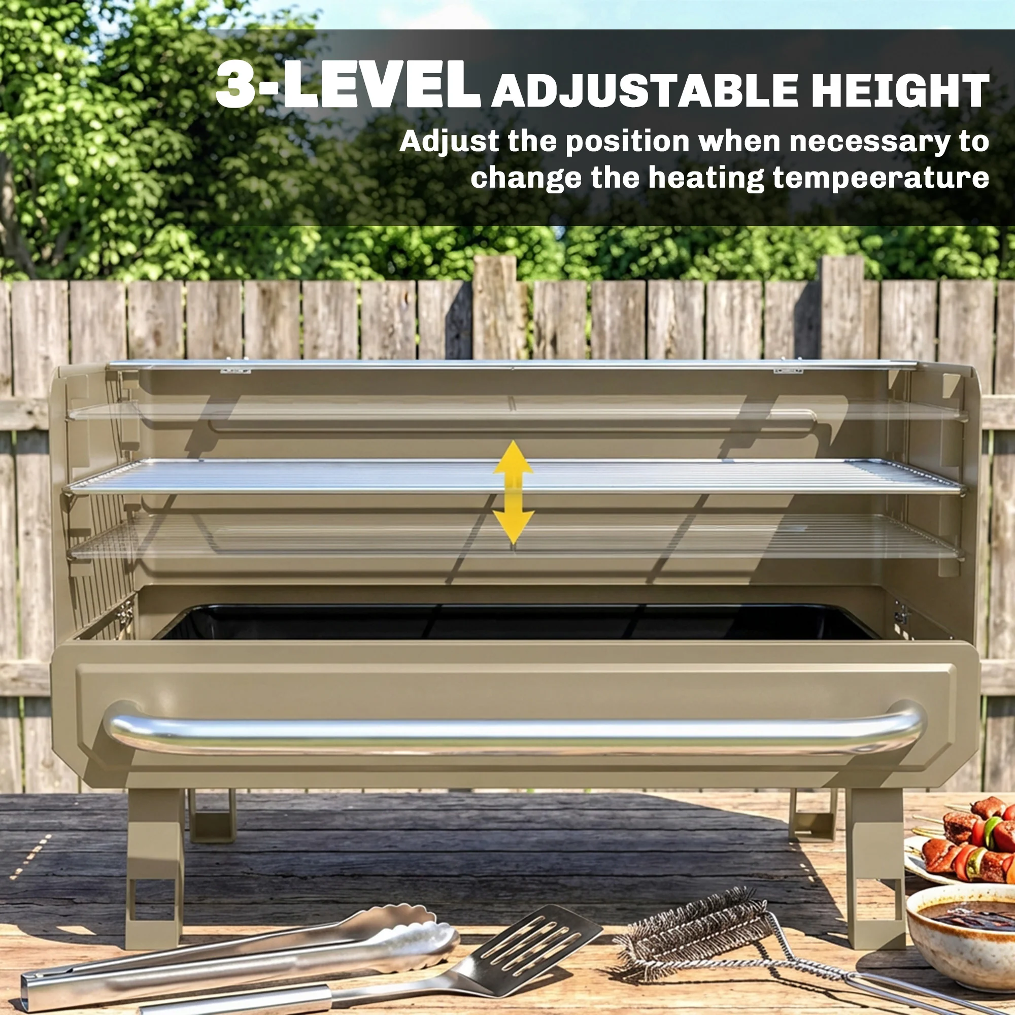 Outsunny Portable Barbecue Grill With Adjustable Grates For Camping, Khaki - Image 5