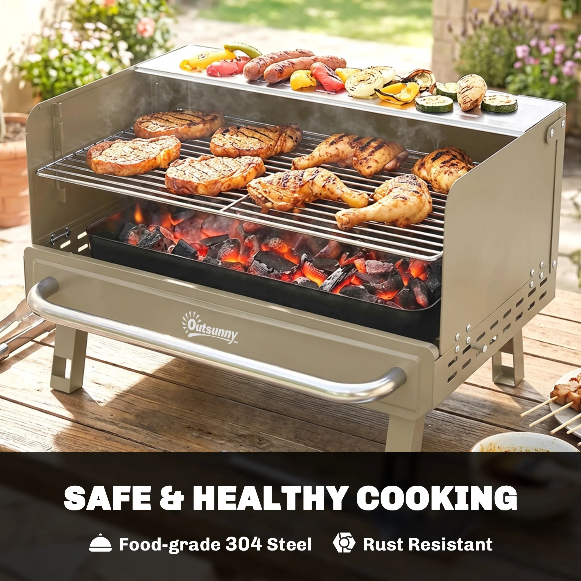 Outsunny Portable Barbecue Grill With Adjustable Grates For Camping, Khaki - Image 6