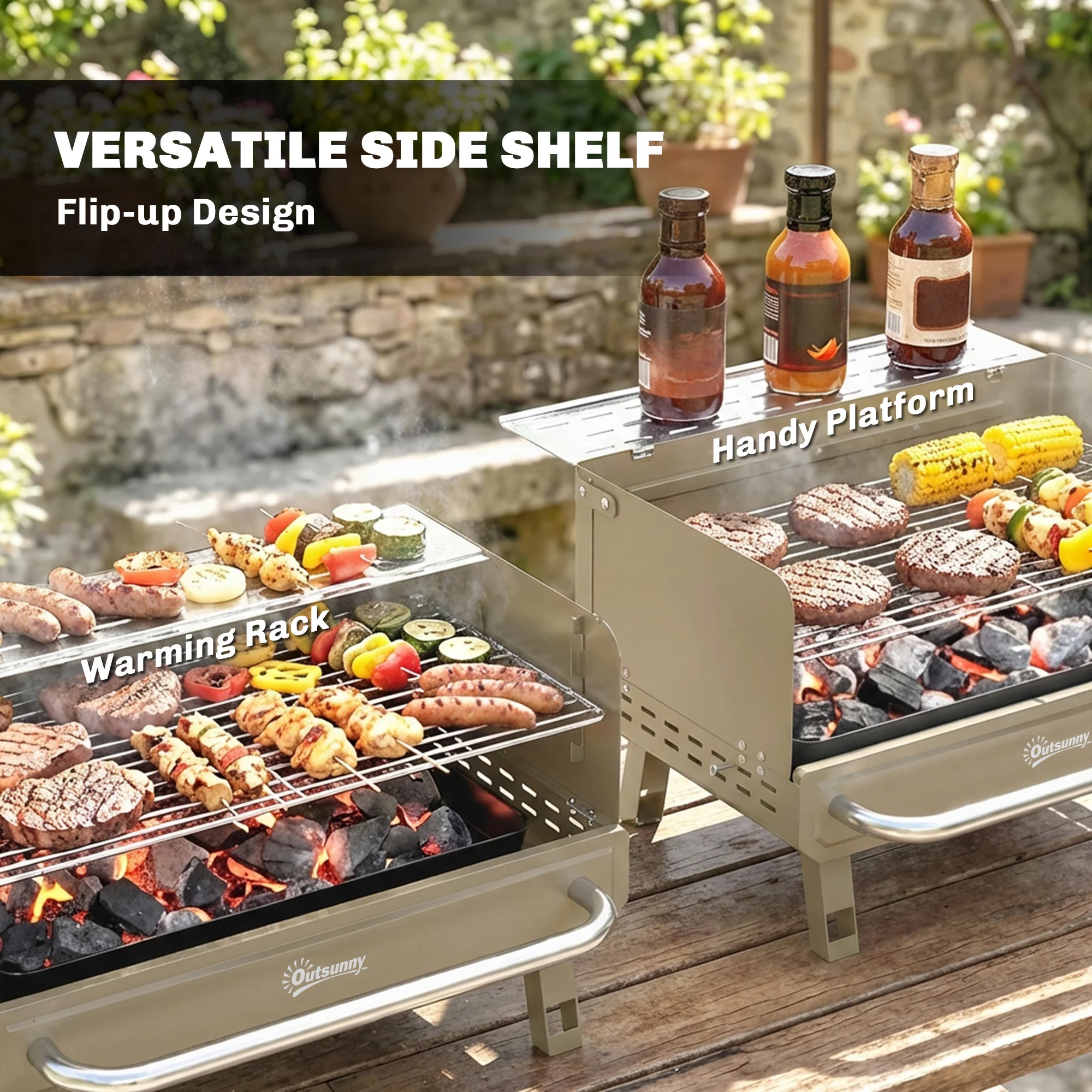 Outsunny Portable Barbecue Grill With Adjustable Grates For Camping, Khaki - Image 7