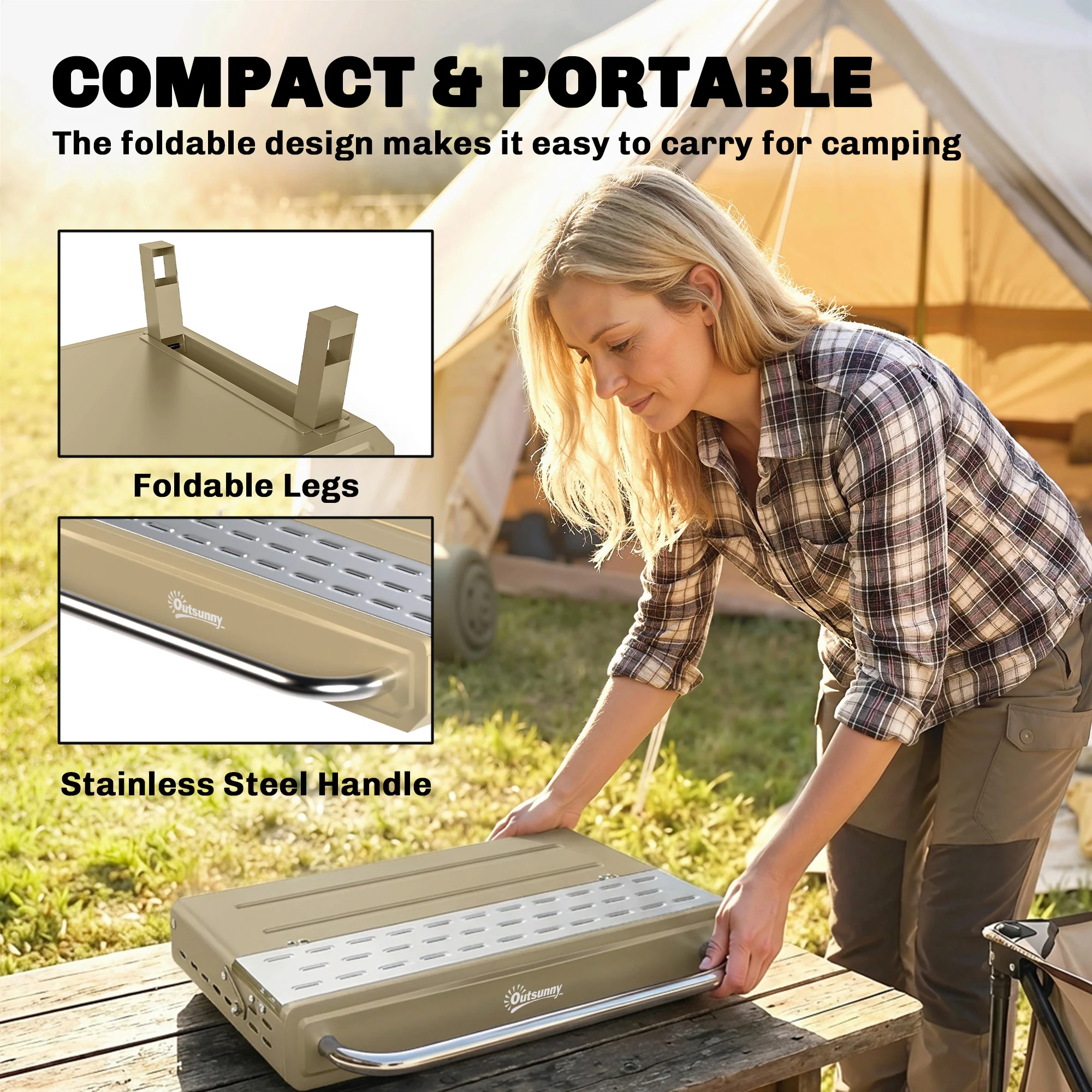 Outsunny Portable Barbecue Grill With Adjustable Grates For Camping, Khaki - Image 9
