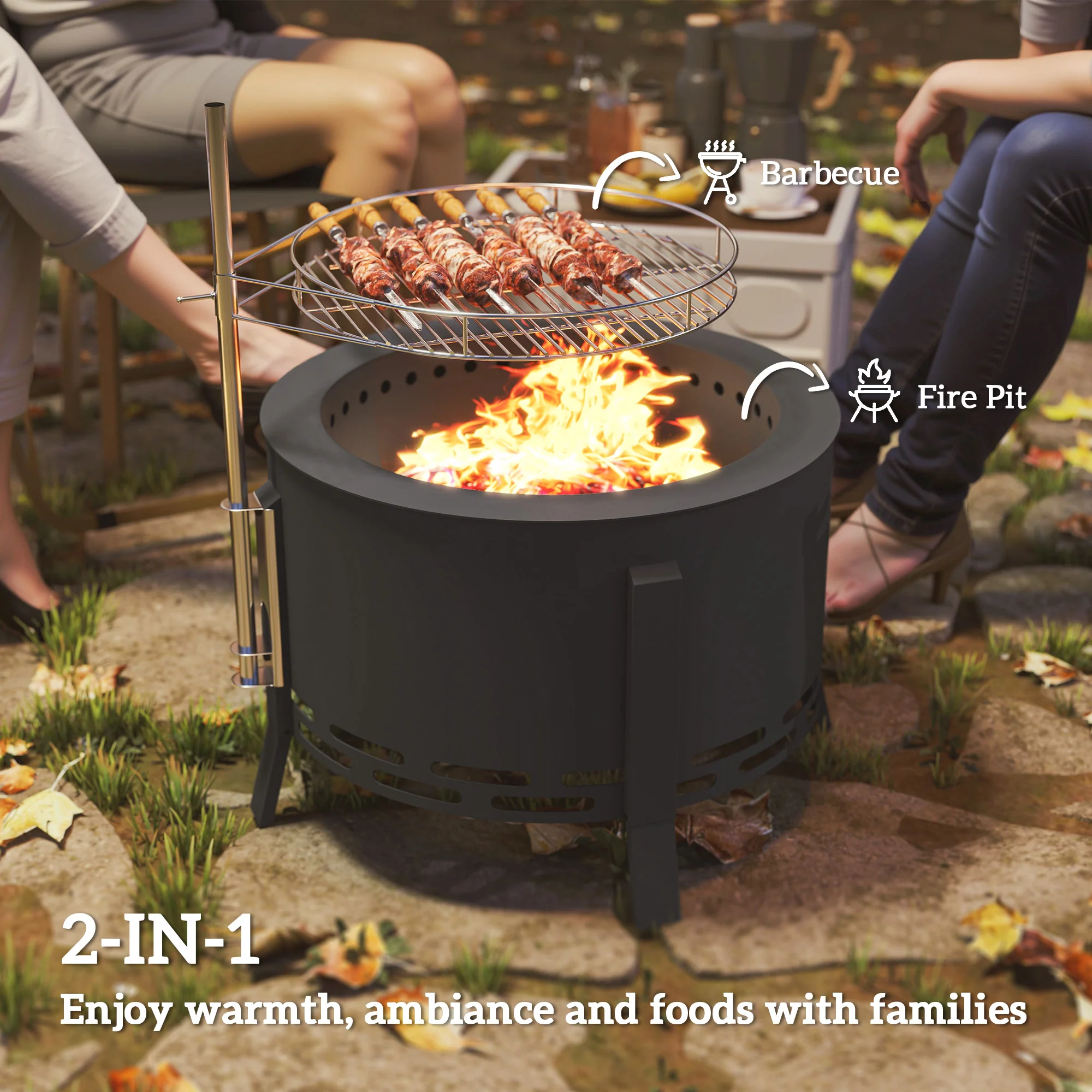 Outsunny Portable Fire Pit, 58 cm Round Firepit with Grill Grate, Black - Image 3