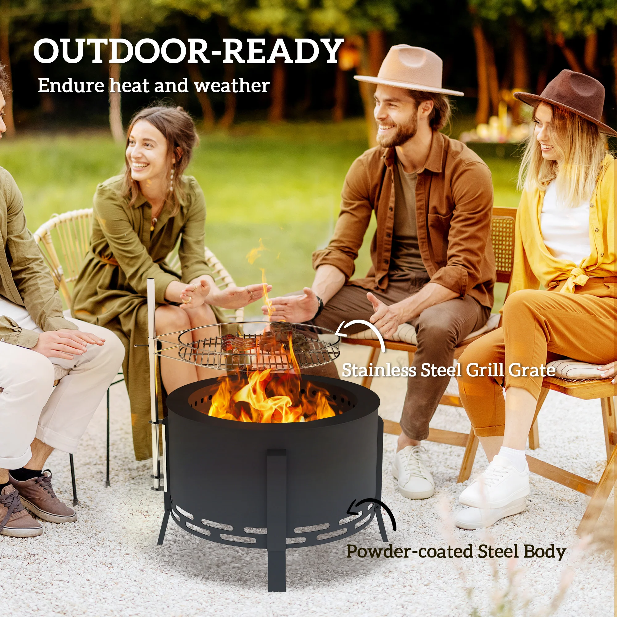 Outsunny Portable Fire Pit, 58 cm Round Firepit with Grill Grate, Black - Image 4
