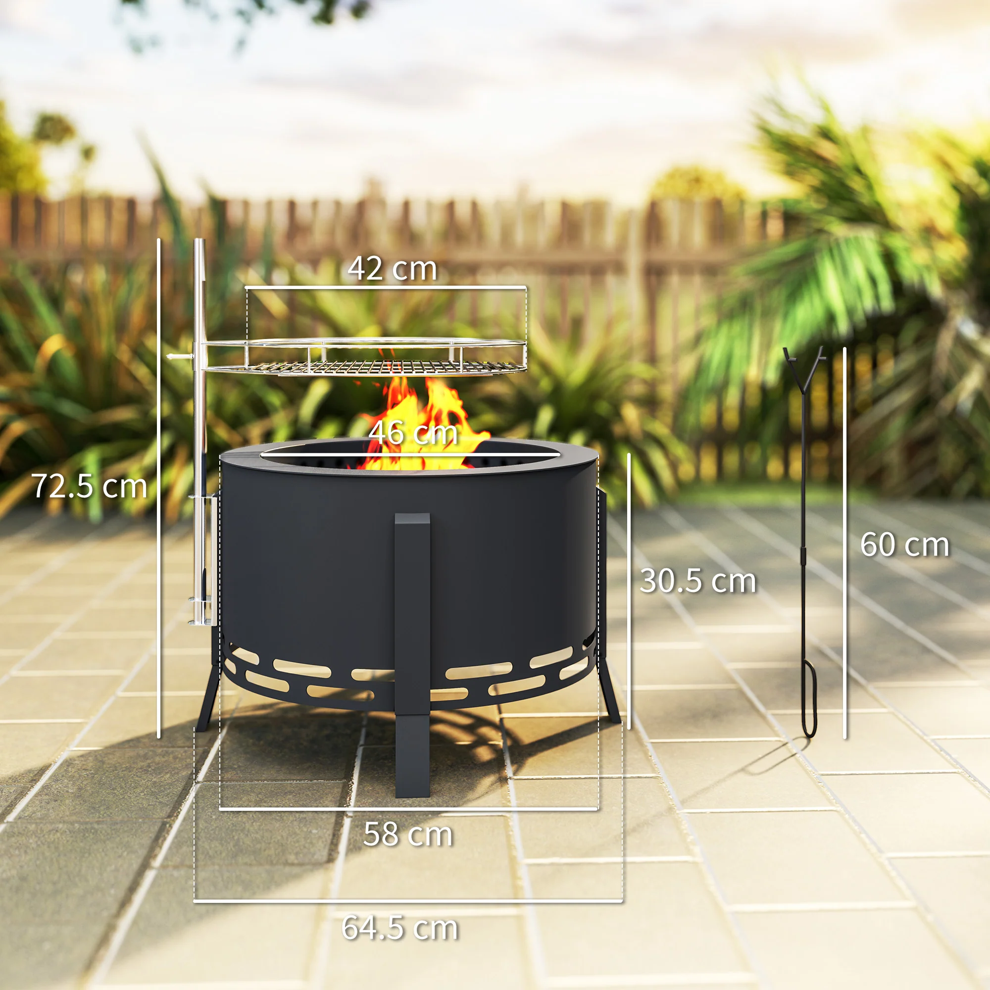 Outsunny Portable Fire Pit, 58 cm Round Firepit with Grill Grate, Black - Image 5