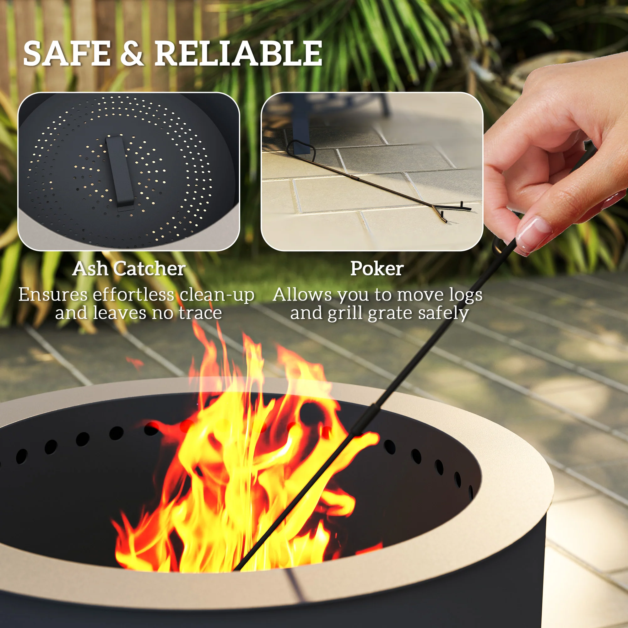 Outsunny Portable Fire Pit, 58 cm Round Firepit with Grill Grate, Black - Image 6
