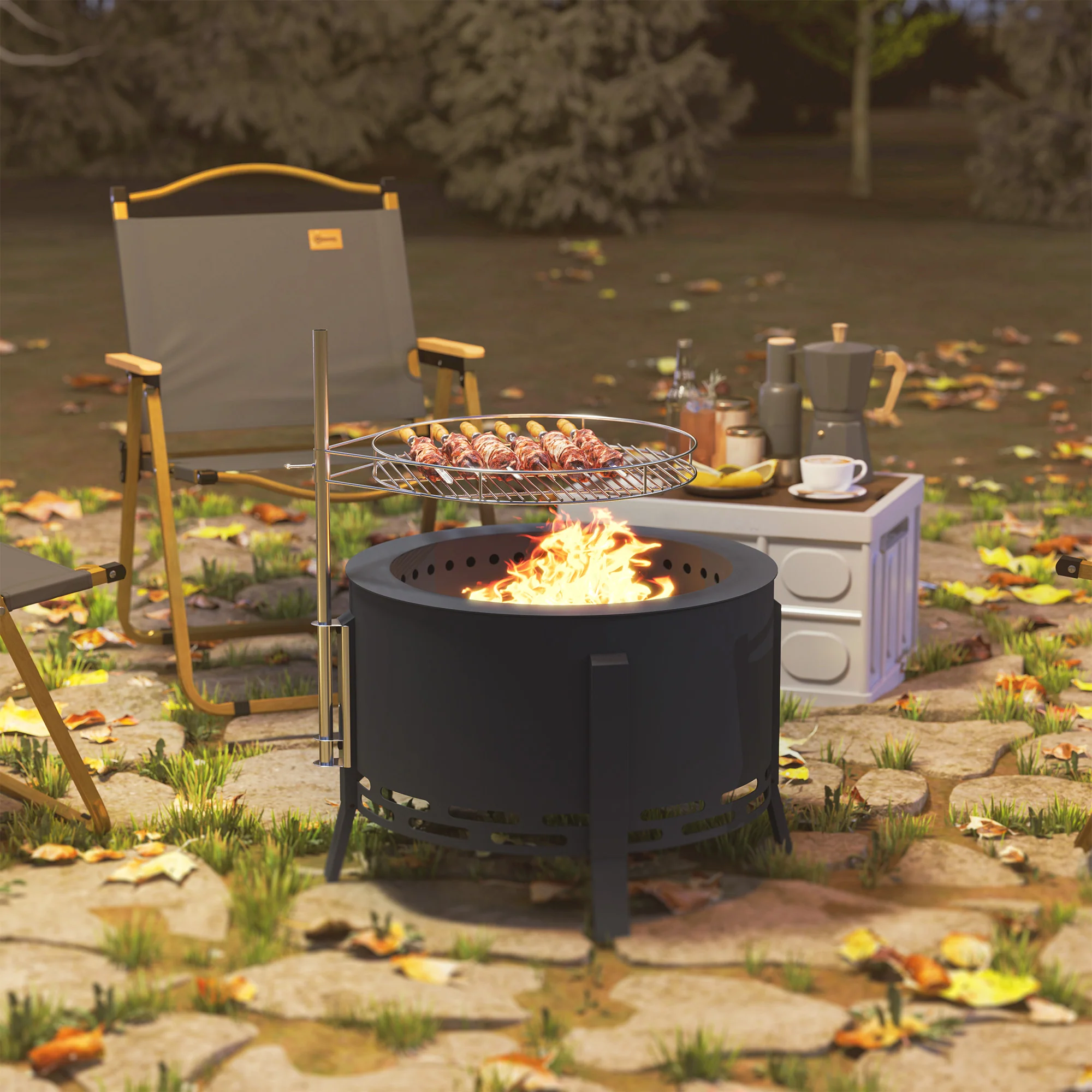 Outsunny Portable Fire Pit, 58 cm Round Firepit with Grill Grate, Black - Image 7