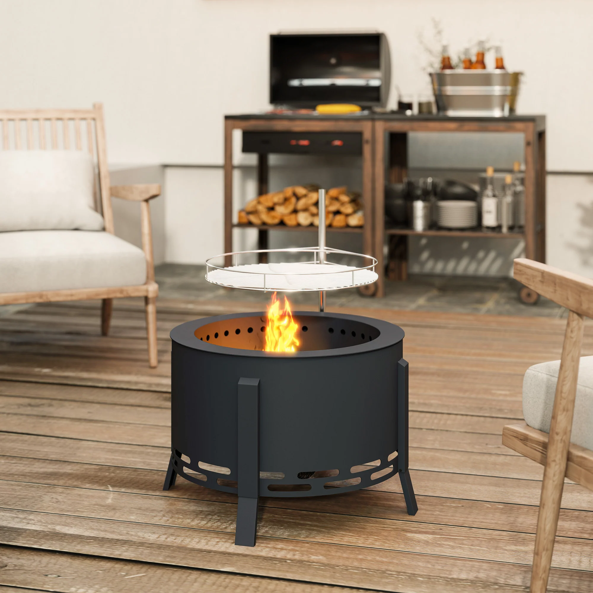 Outsunny Portable Fire Pit, 58 cm Round Firepit with Grill Grate, Black - Image 9