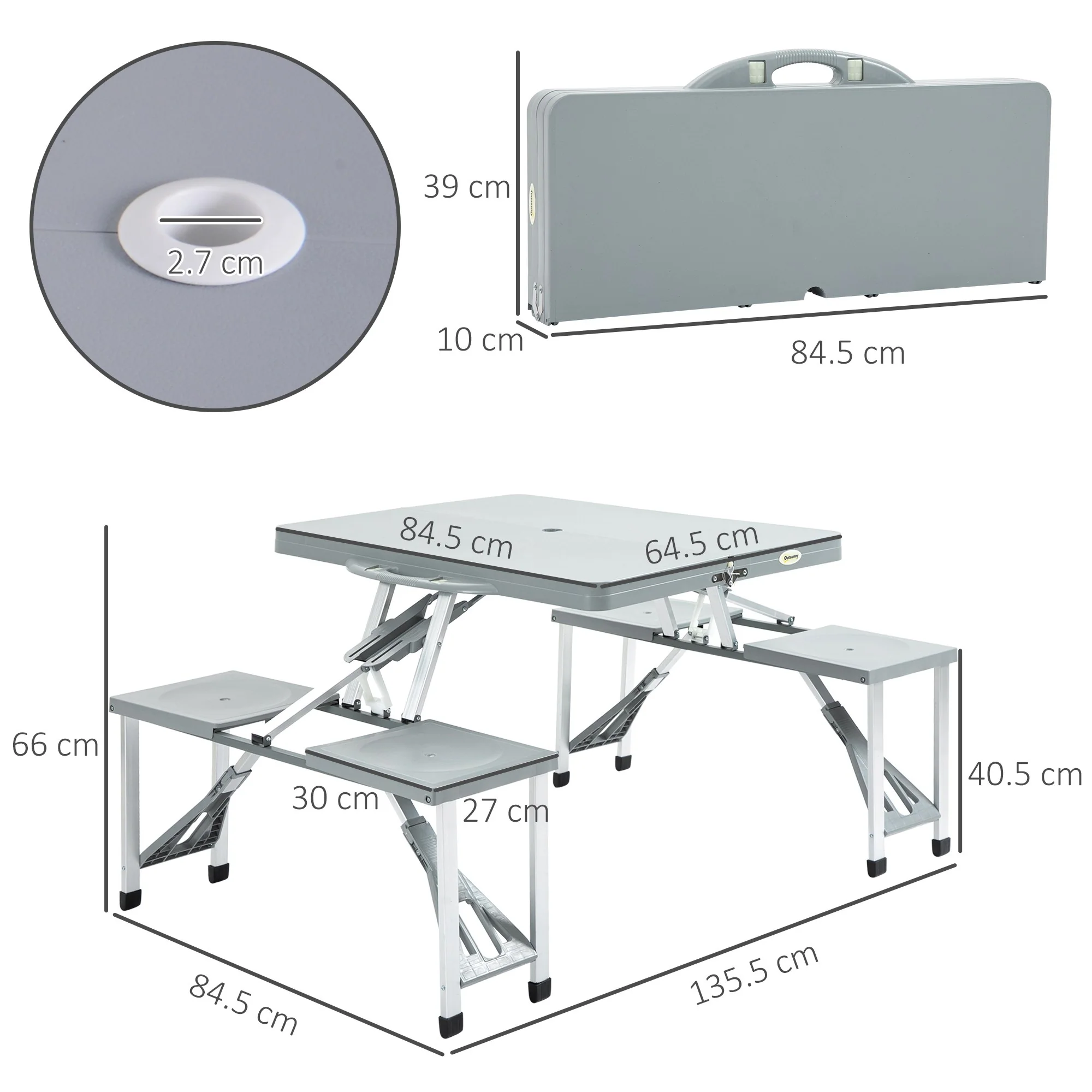 Outsunny Portable Foldable Camping Picnic Table with Seats Chairs and Umbrella Hole, 4-Kids Fold Up Travel Picnic Table, Grey - Image 5