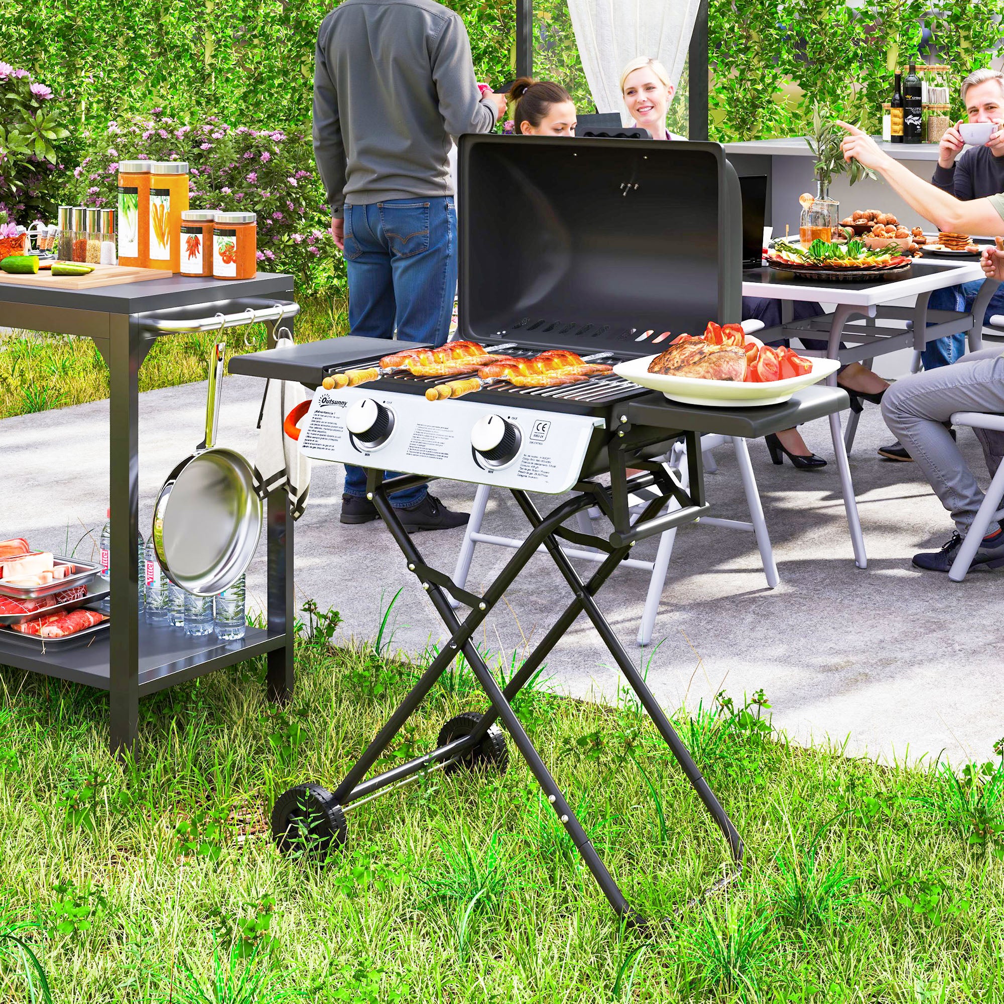 Outsunny Portable Foldable Gas Barbecue Grill with Thermometer, Lid, Black - Image 2