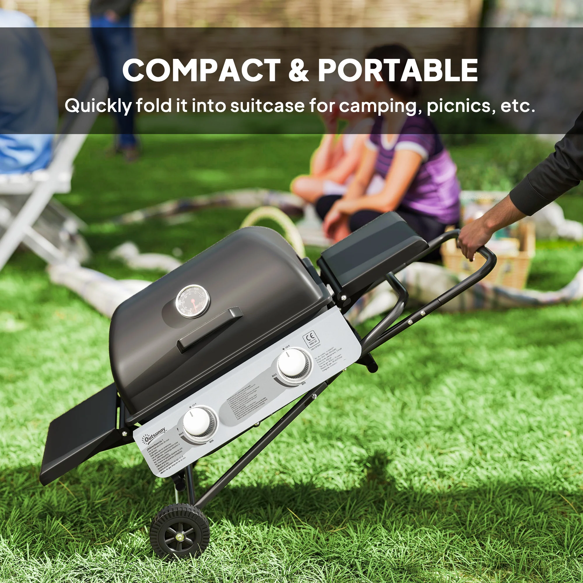 Outsunny Portable Foldable Gas Barbecue Grill with Thermometer, Lid, Black - Image 3