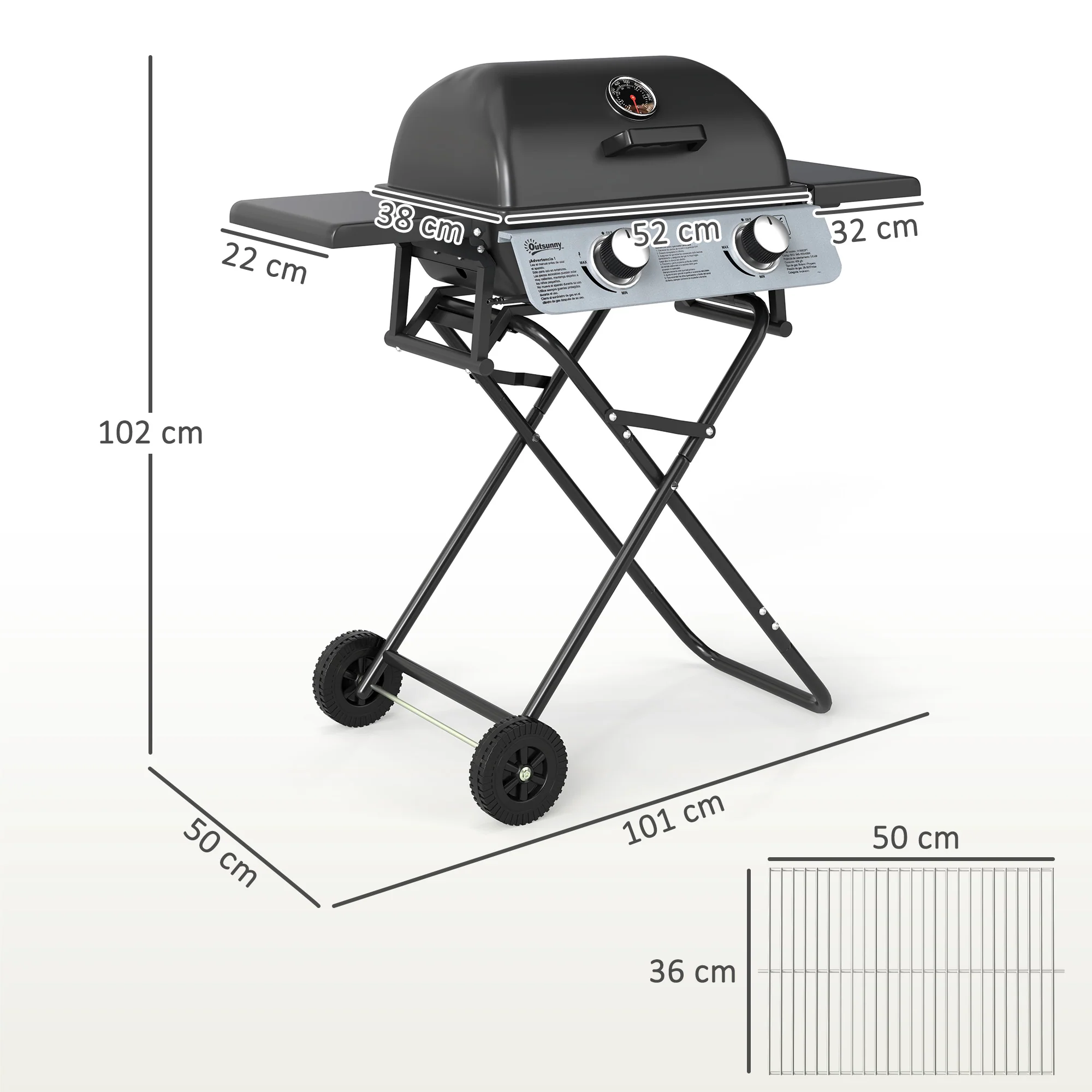 Outsunny Portable Foldable Gas Barbecue Grill with Thermometer, Lid, Black - Image 5